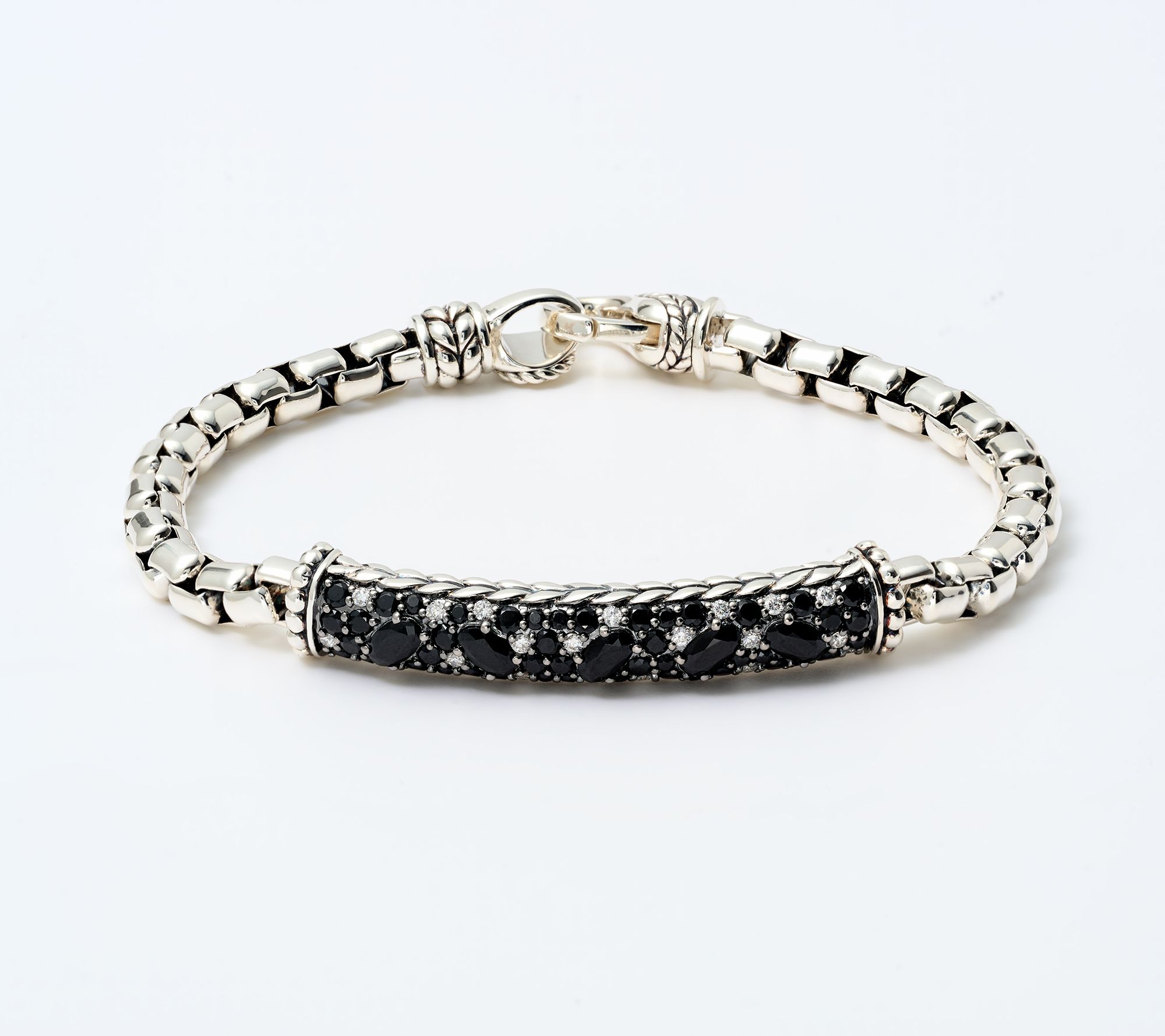 JAI Sterling Silver Diamond & Black Spinel Box Chain Bracelet