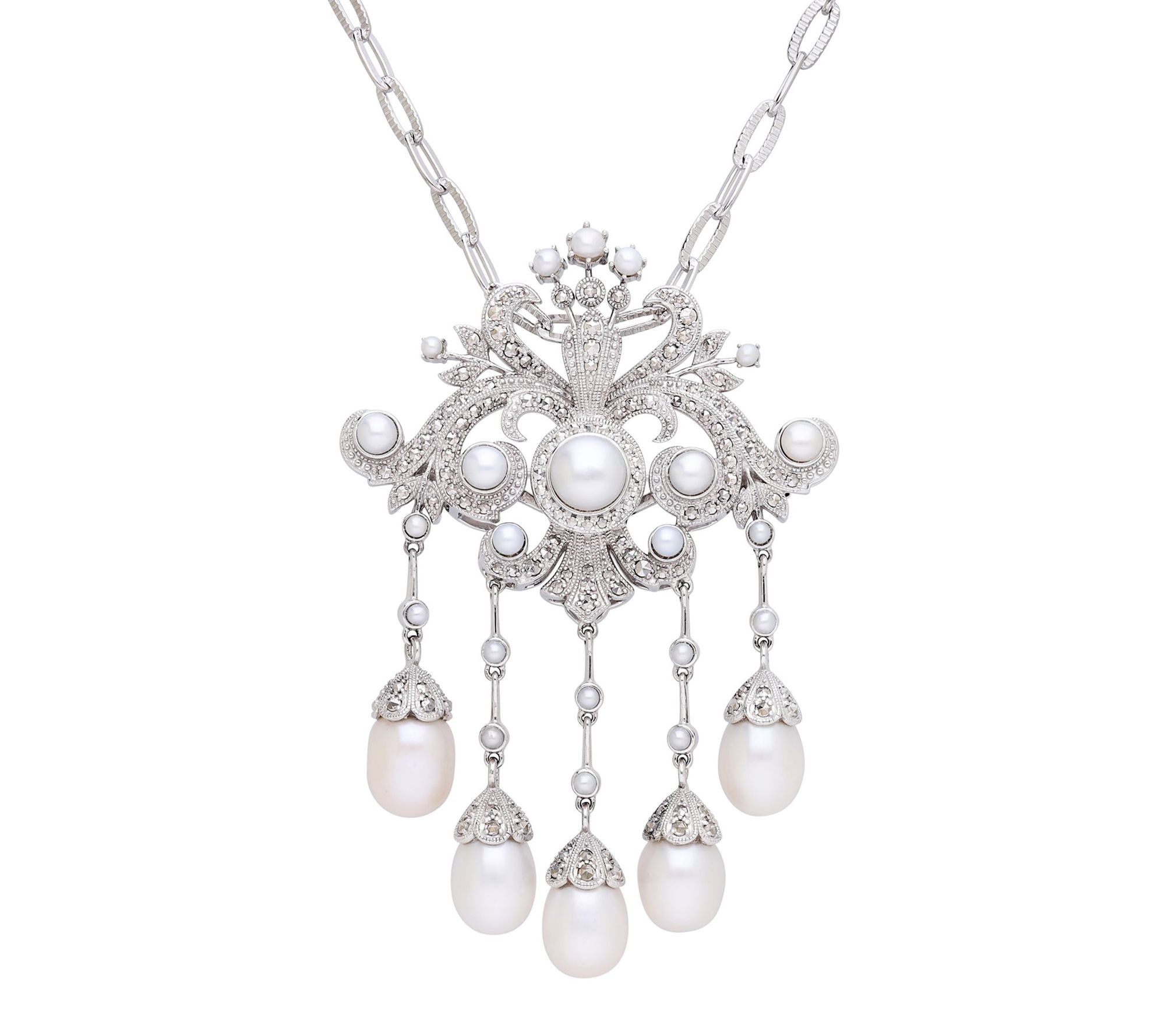 Dallas Prince CHROME Marcasite & Pearl Victorian Pendant