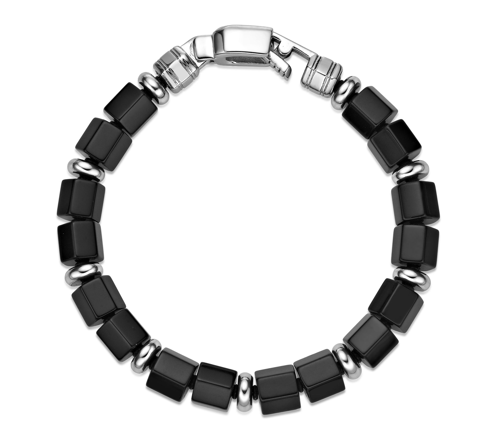 LYNX Men's Ster ling Silver Car ved Gemstone Be ad Bracelet