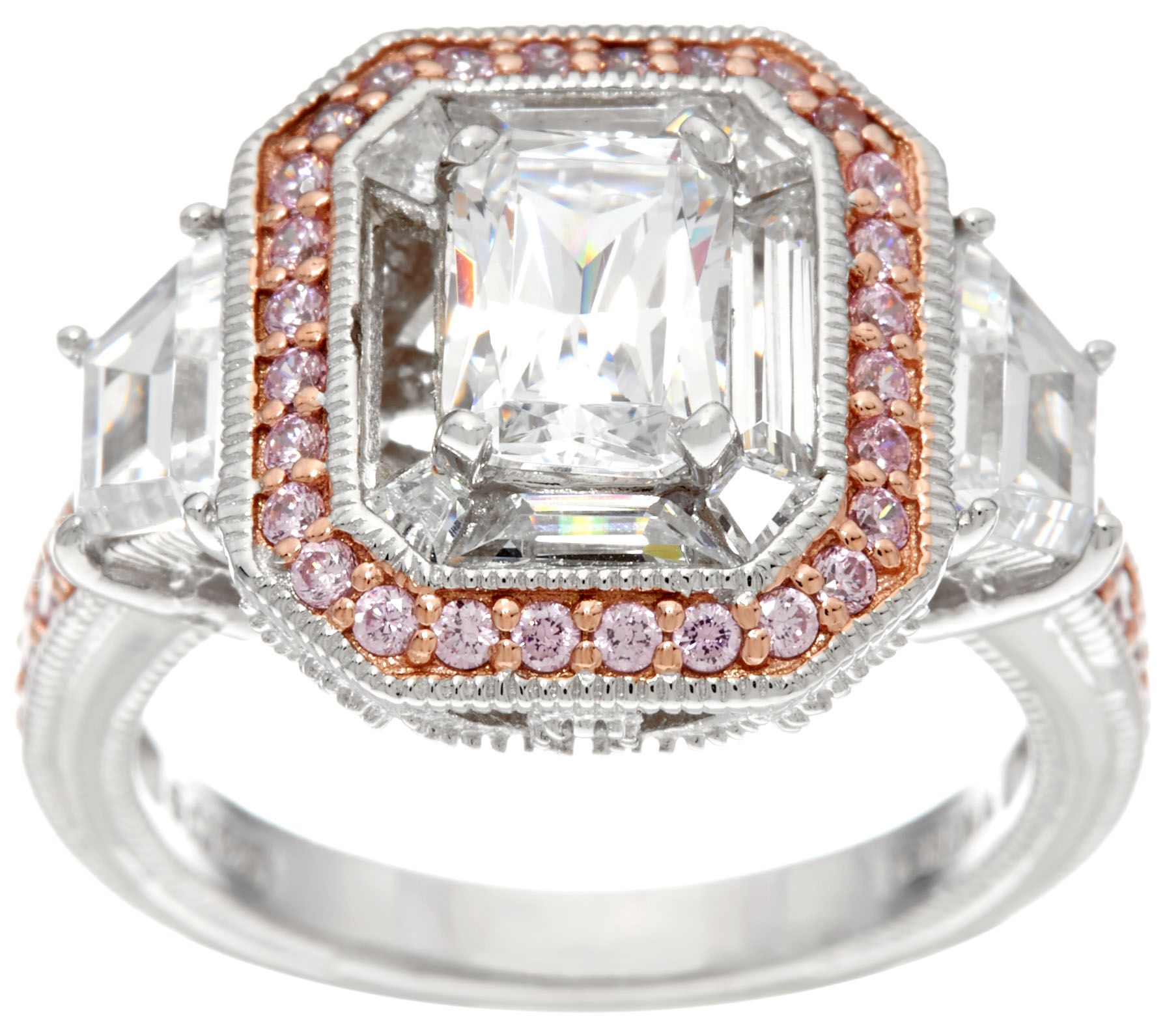 Diamonique Emerald Cut Ring w/ Pink Halo, Platinum Clad - QVC.com