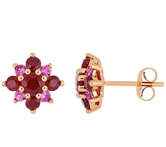 14K Rose Gold 1.70 cttw Ruby & Pink Sapphire Floral Earrings