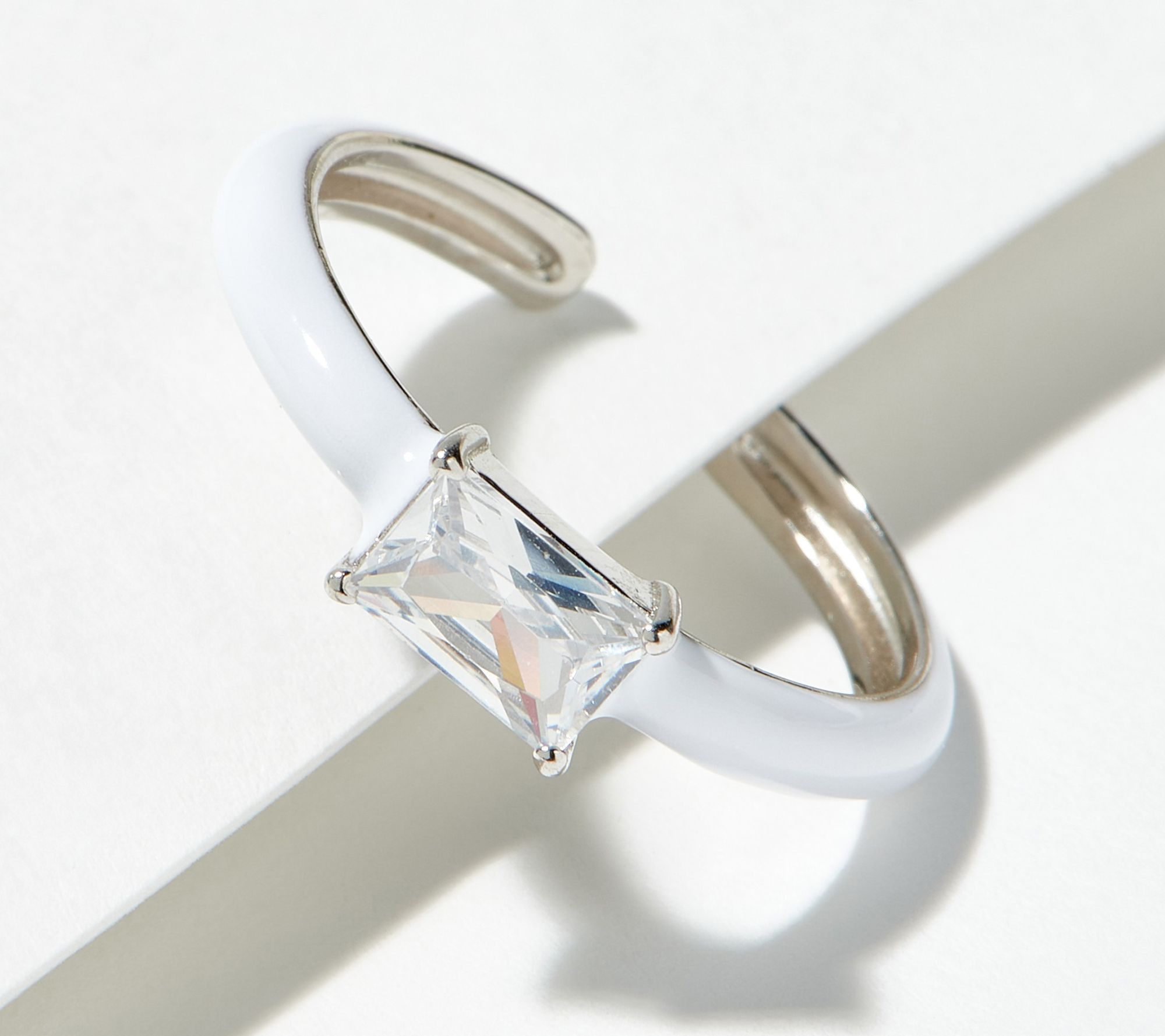 "As Is" Diamonique Adj. Baguette Enamel Solitaire Ring, Sterling Silver