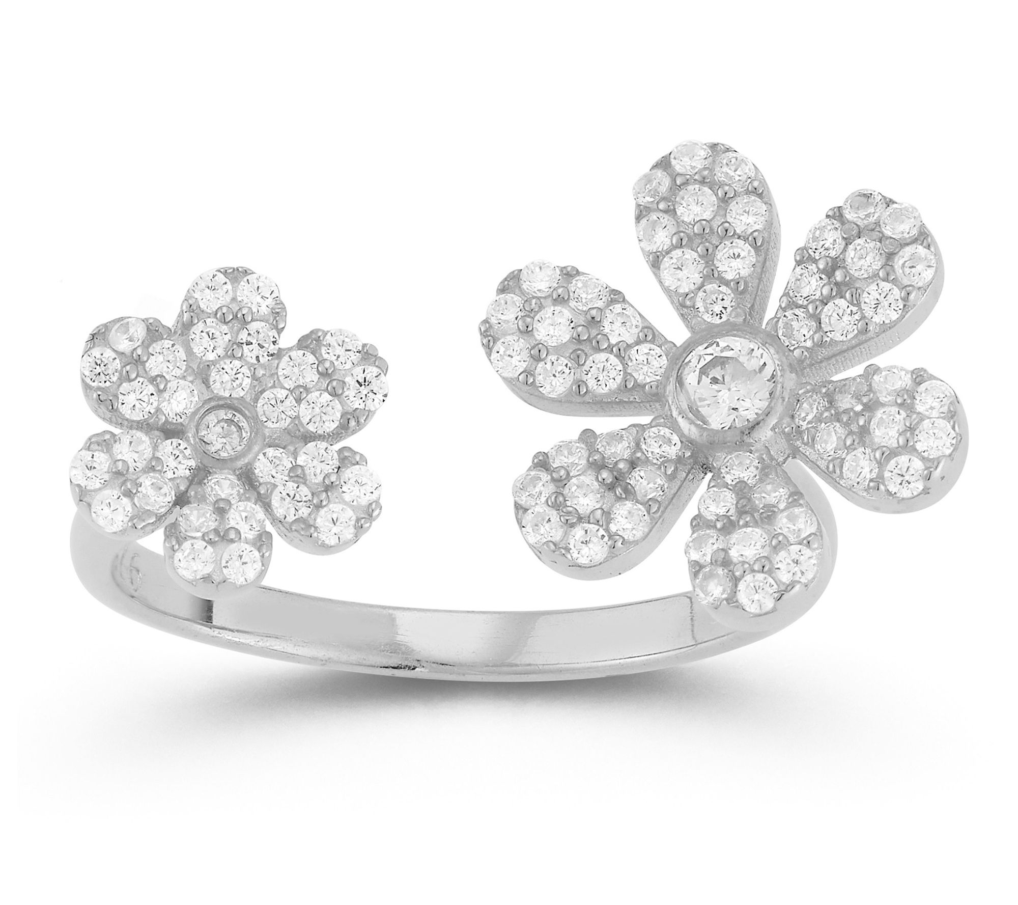 Sterlina Silver Pave Double Flower Cuff Ring, Sterling