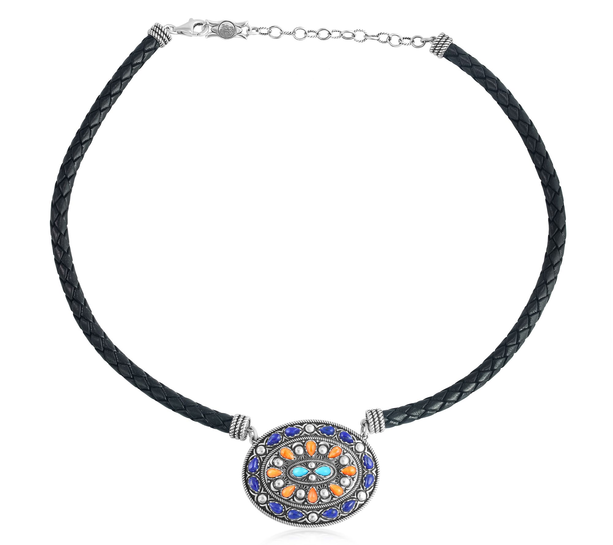 American West Sterling Oval Gemstone Leather Necklace