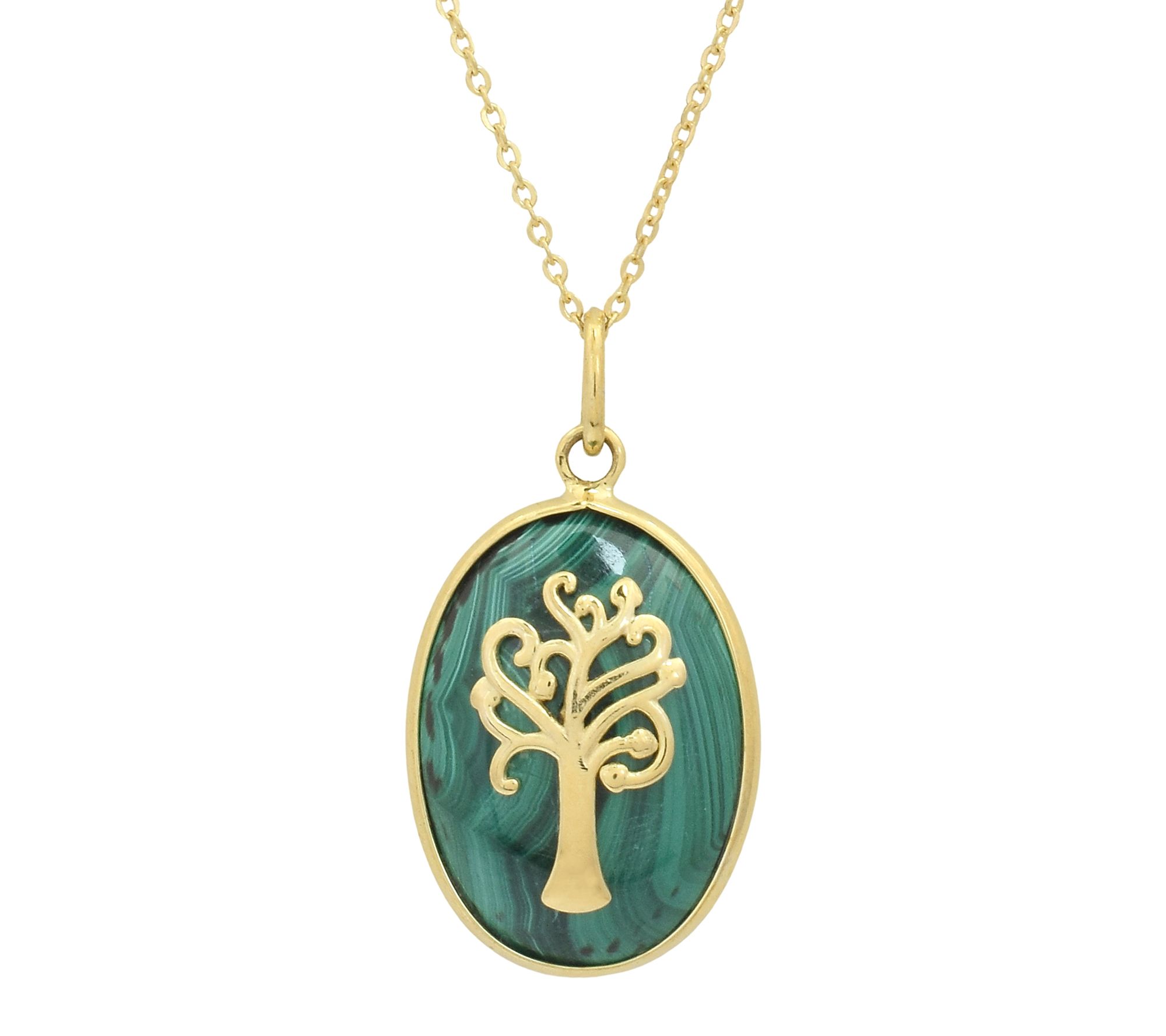 Affinity Gems Oval Malachite Pendant /w Chain,14K Gold Plated