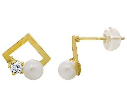 Diamonique 0.10 cttw Cultured Pearl Stud Earrings, 14K Gold
