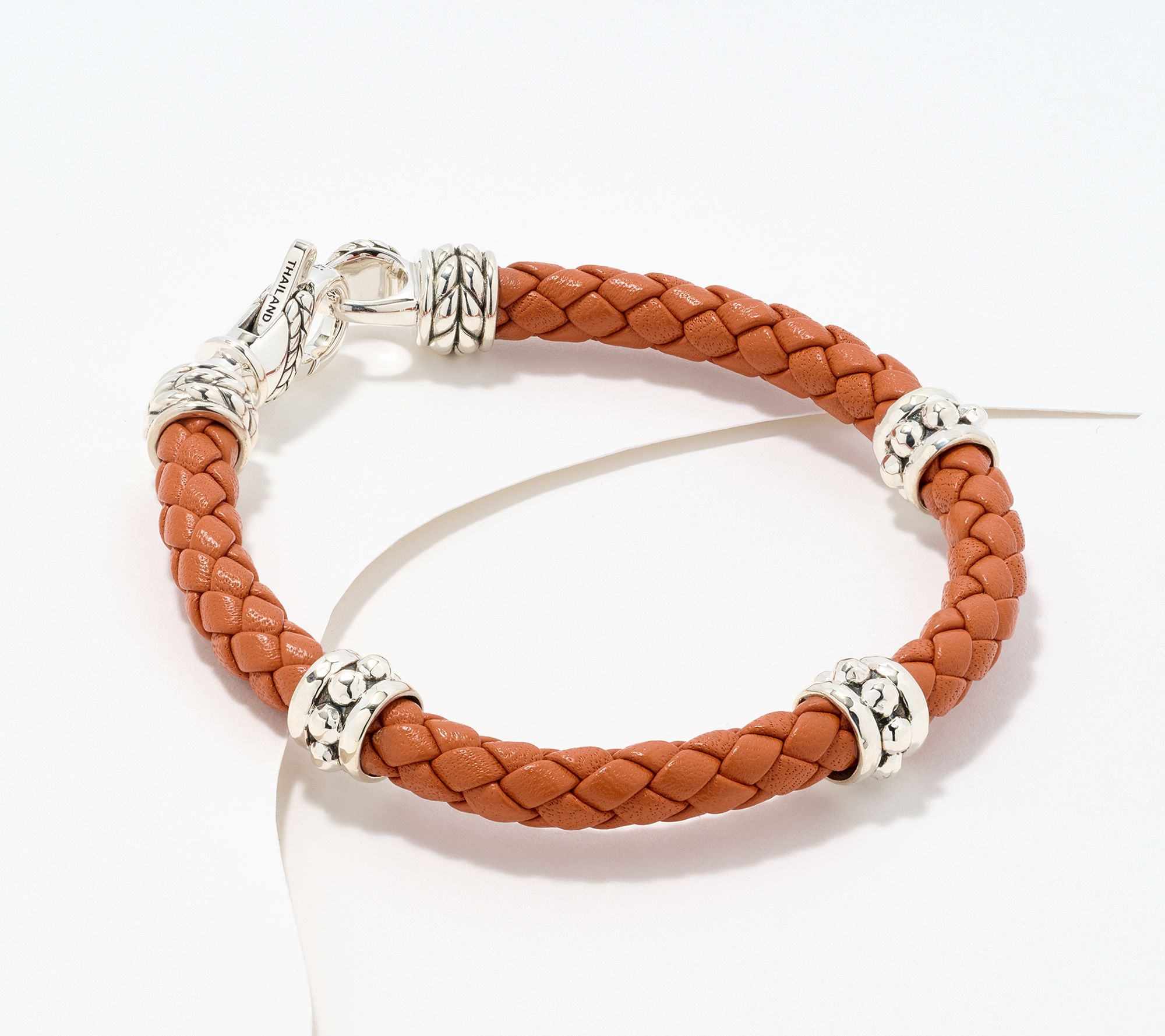 JAI Sterling Silver Braided Leather Bead Station Bracelet, 11.5g