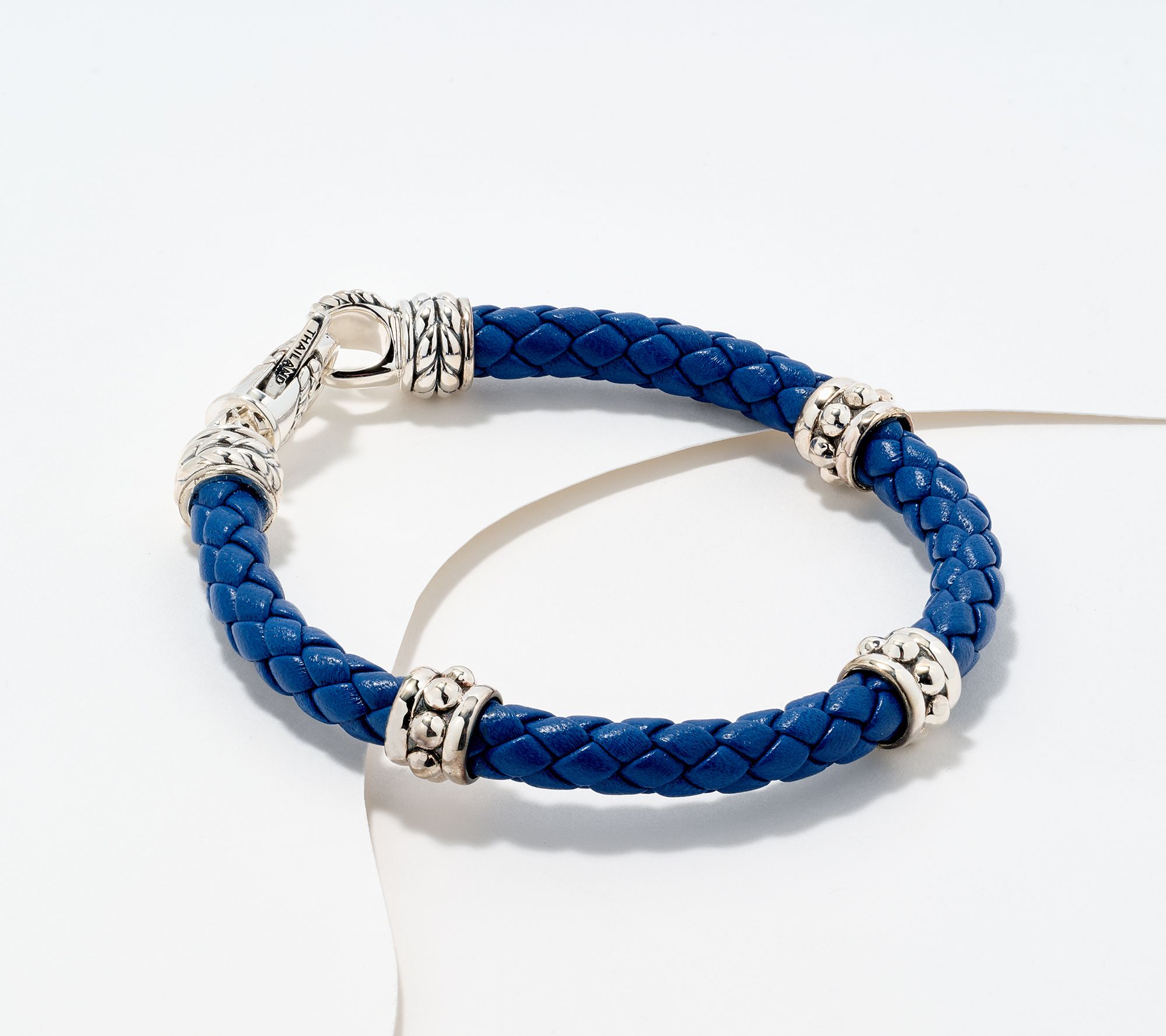 JAI Sterling Silver Braided Leather Bead Station Bracelet, 11.5g
