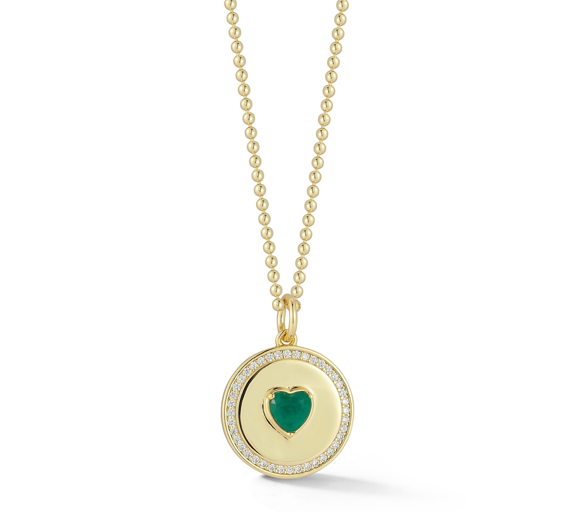 Sterlina Silver Green Heart Disc Pendant w/ Chain, Sterling