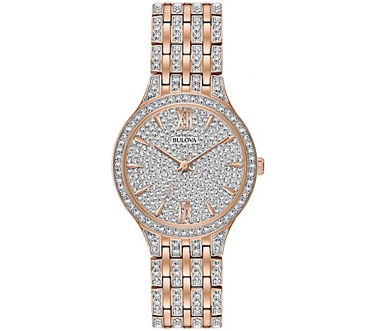 Bulova Women's Rosetone Crystal Watch with PaveDial
