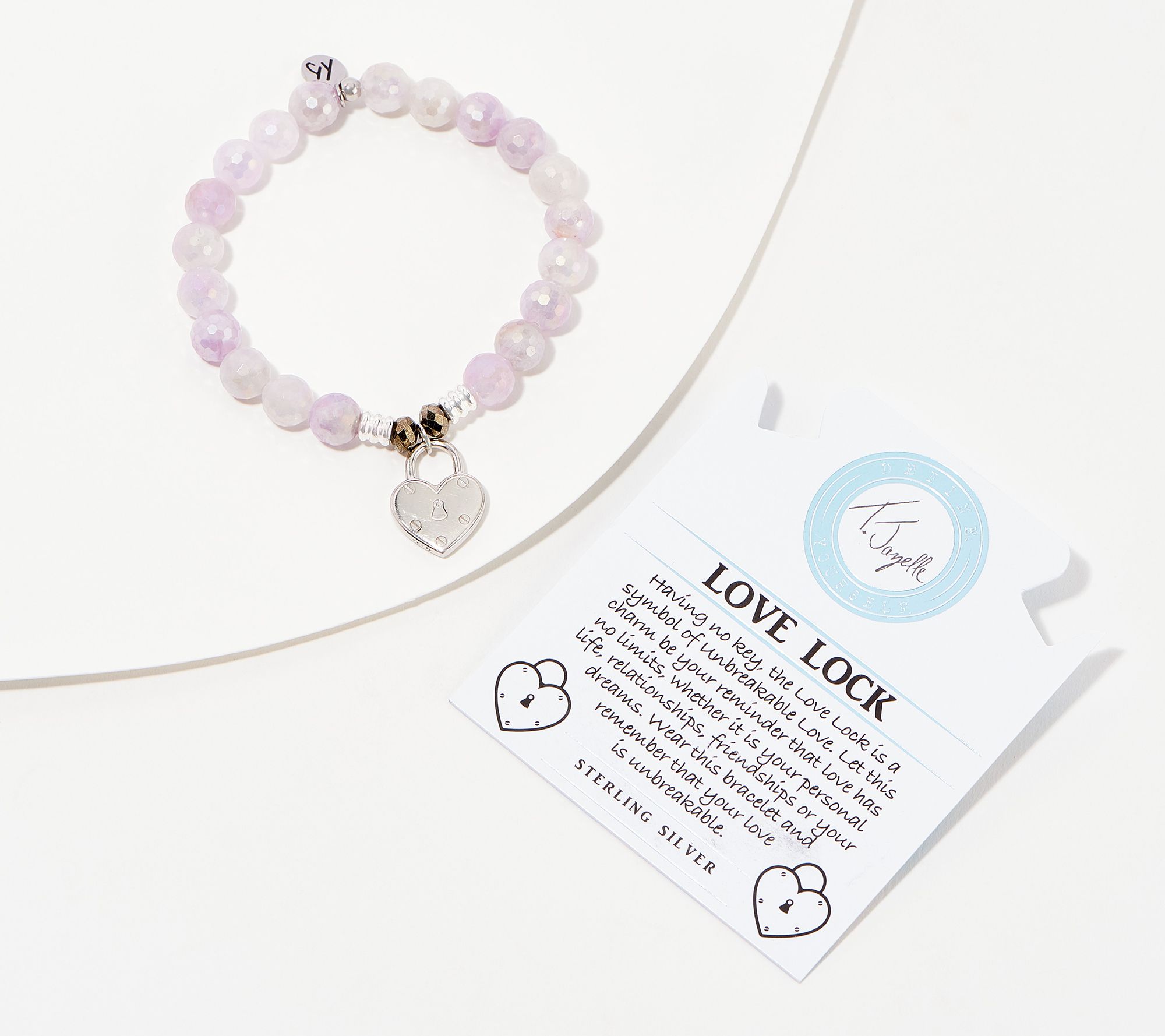 Rose Quartz Stone Bracelet with Love Lock Sterling Silver Charm