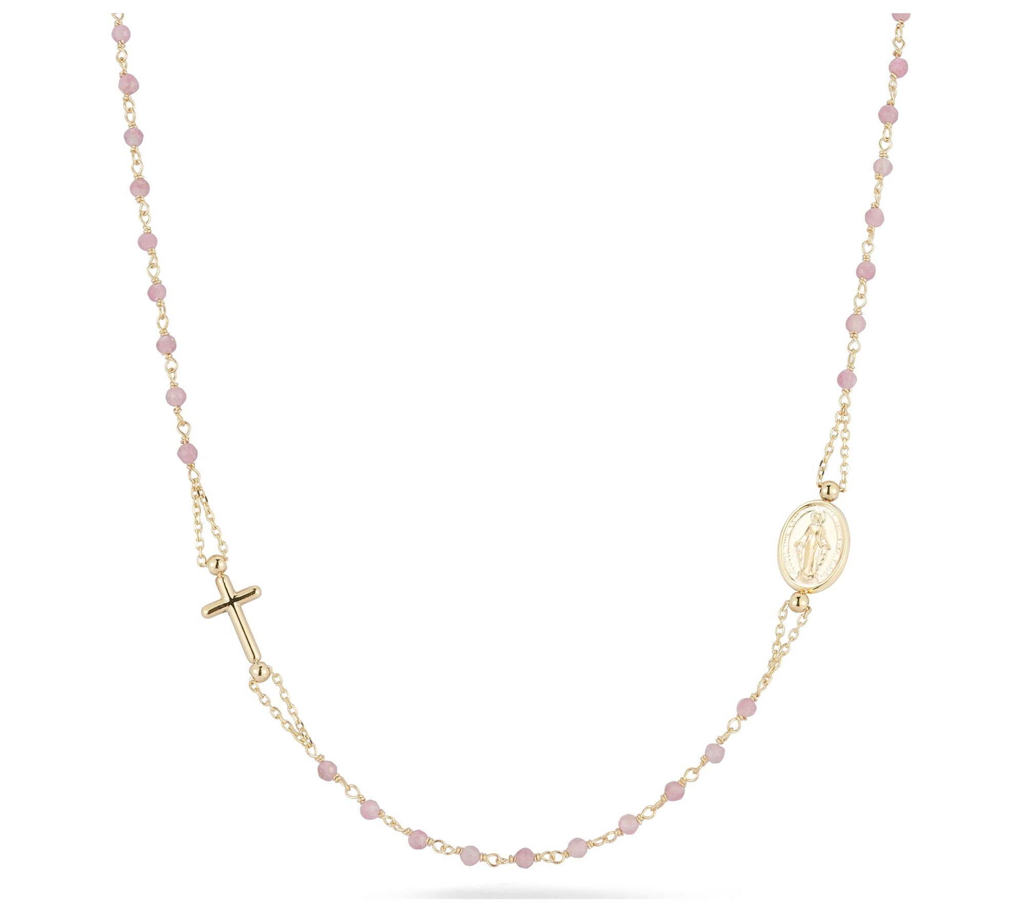 Italian Gold Rose Quartz Cross & Mother Mary Necklace, 14K
