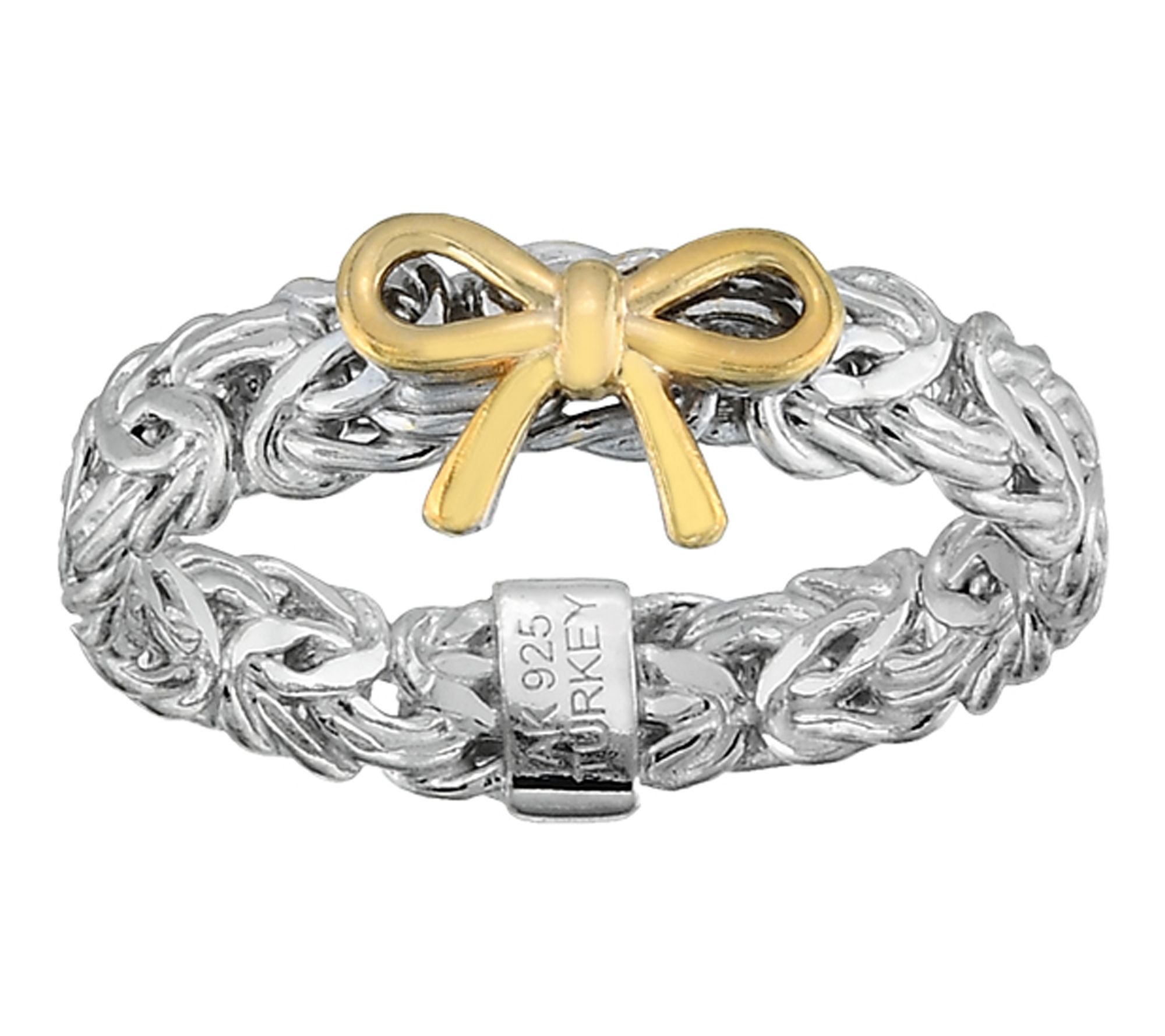 Silver Style Two Tone Bow Design Byzantine Ring, Sterling