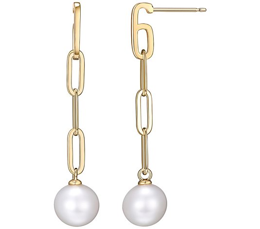 18K Gold Clad Cultured Pearl Paperclip Link Earrings