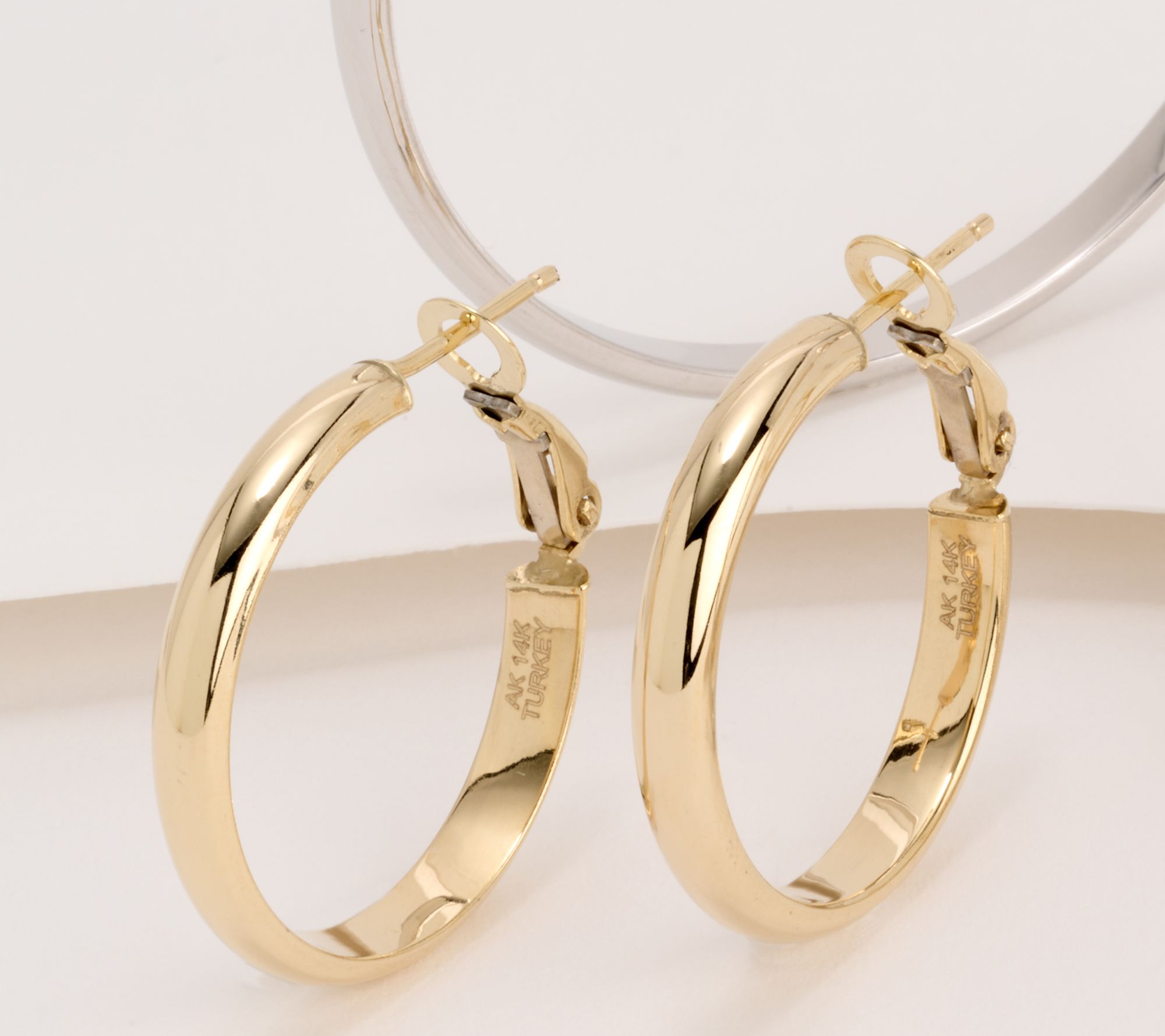 Adorna Polished or Diamond Cut Omega Back 1" Hoops, 14K Gold