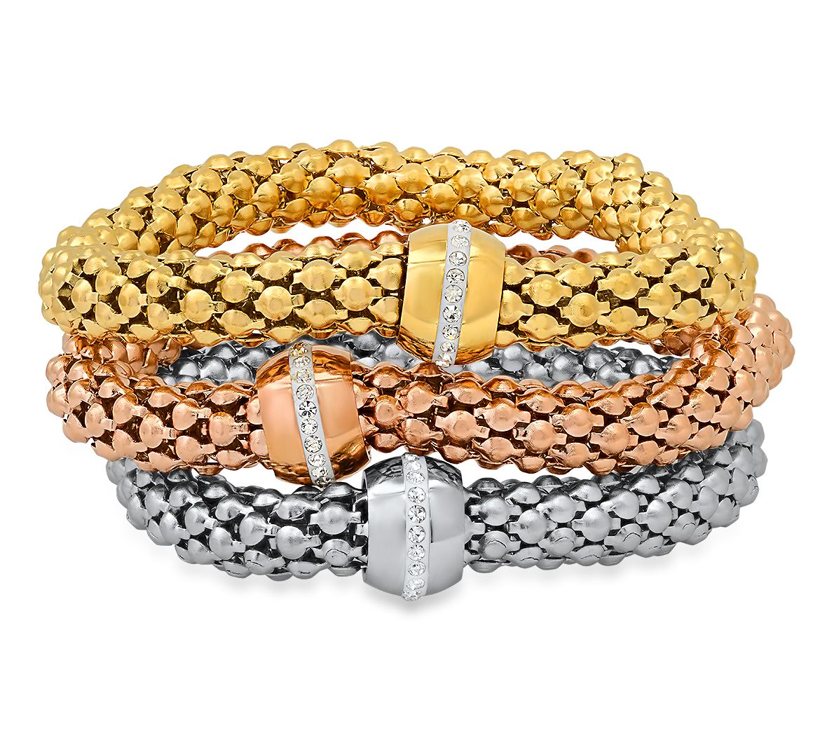 Steel By Design Tri-Tone Cubic Zirconia Mesh Bracelet Set