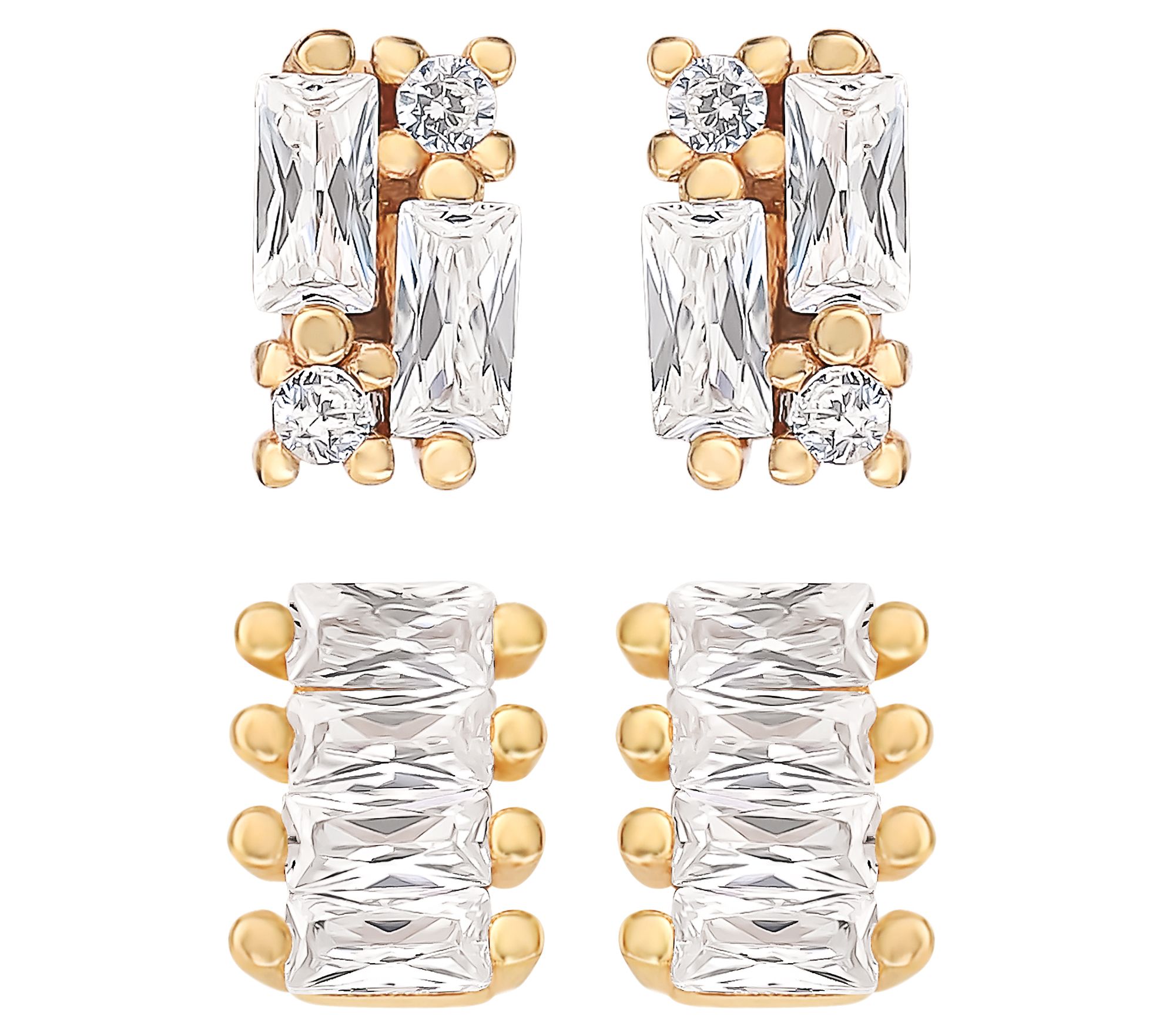 Diamonique Set of 2 Petite Stud Earrings, 18K Gold Plated
