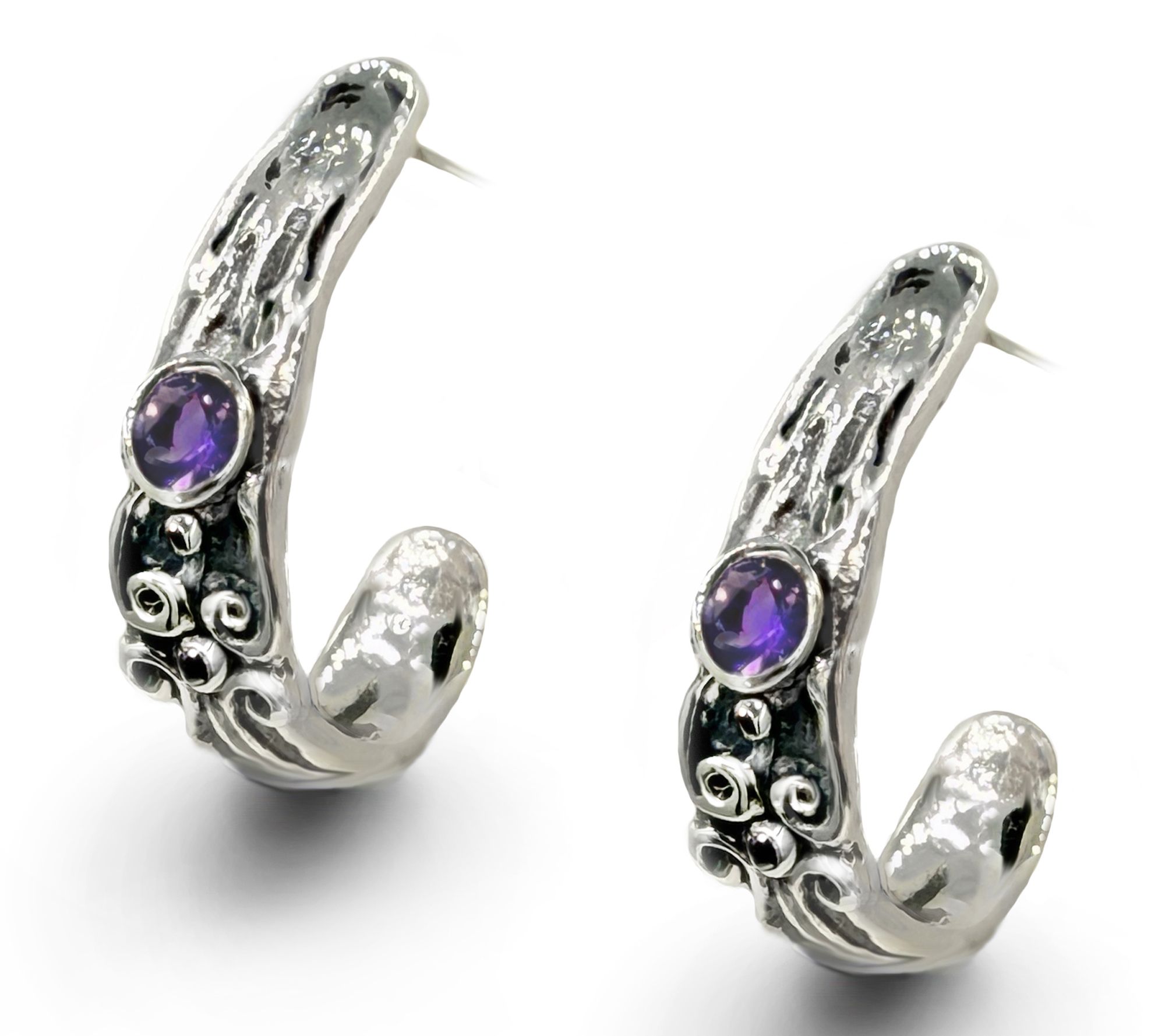 Hagit Sterling Silver Gemstone 'Embroidered' Hoop Earrings