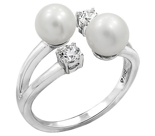 Diamonique Double Cultured Pearl Cuff Ring, Sterling Silver