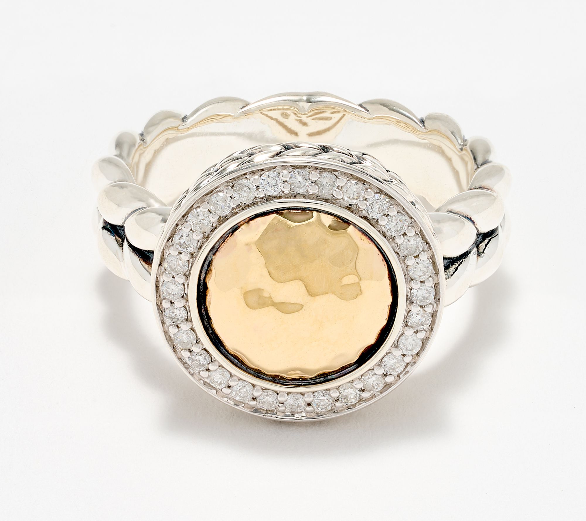 JAI 14K Gold & Sterling Silver Hammered Disk Diamond Ring