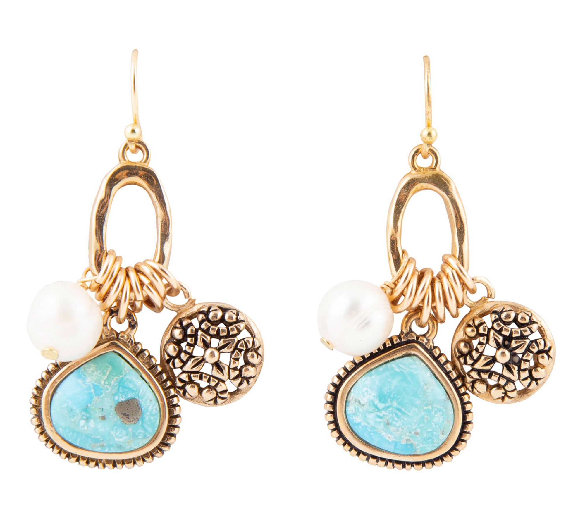 Barse Artisan Crafted Bronze Charm Turquoise Drop Earrings