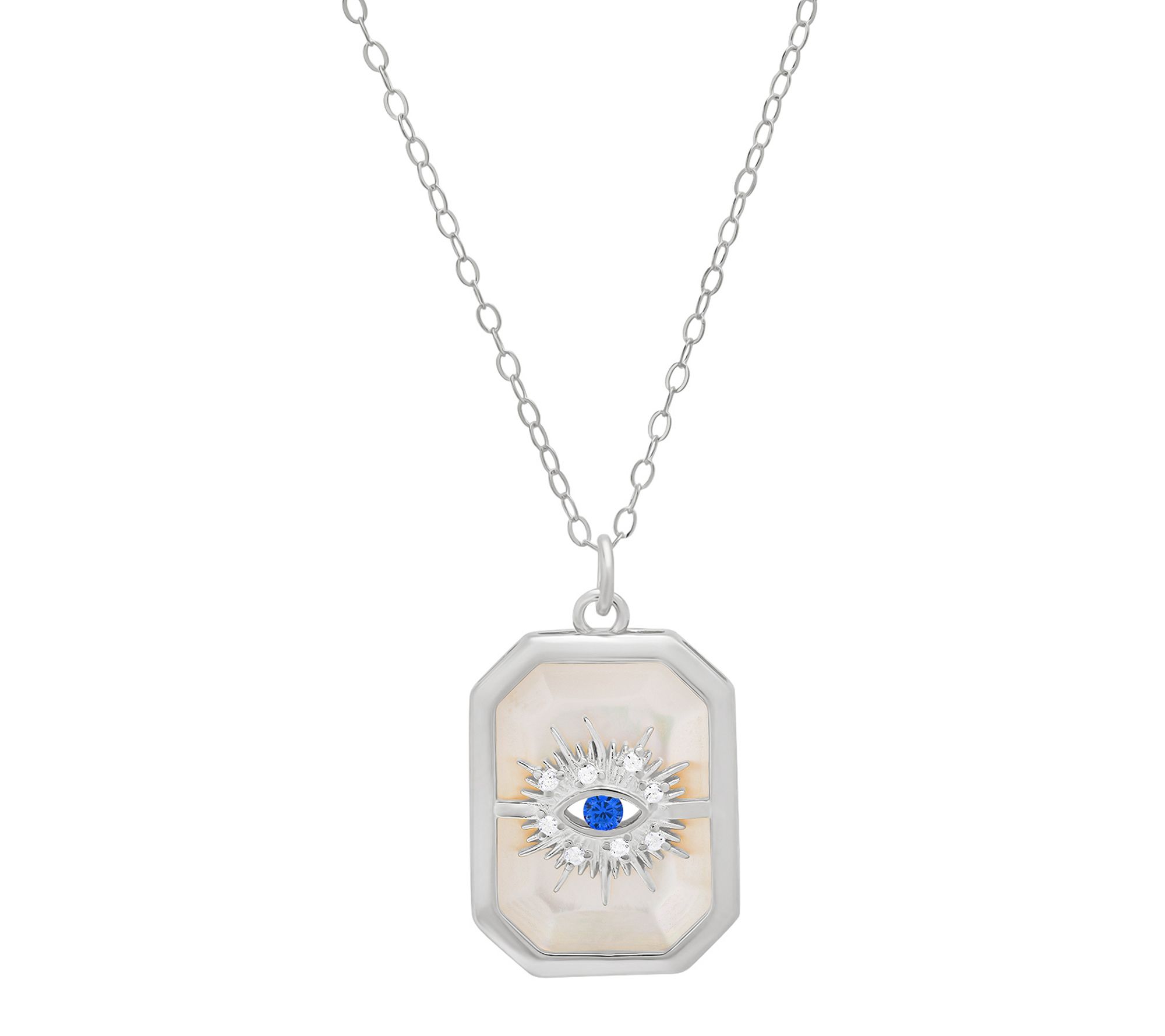 Diamonique Mother Of Pearl Evil Eye Pendant w/Chain, Sterling