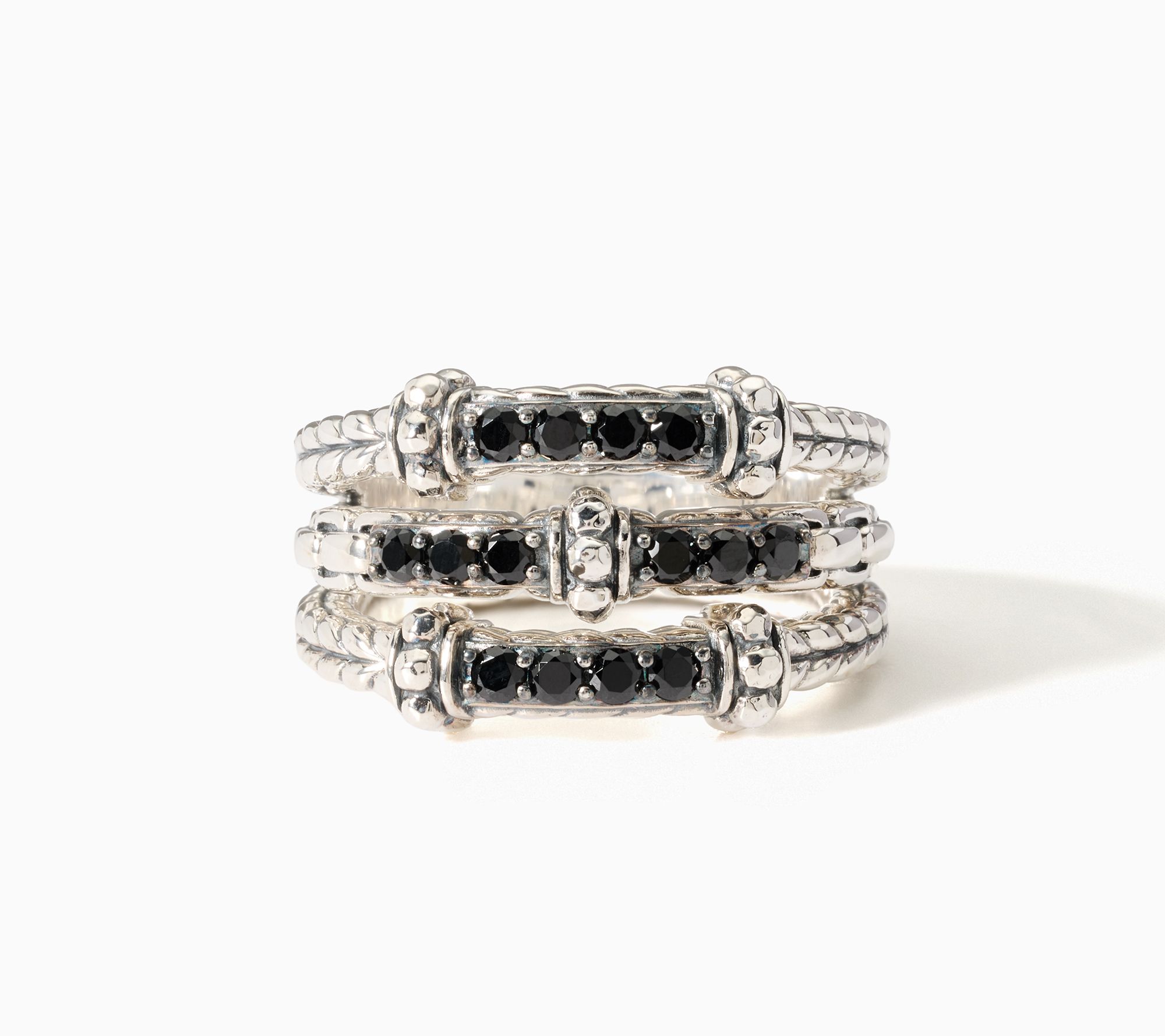 JAI Sterling Silver Triple Row Pave Gemstone Ring