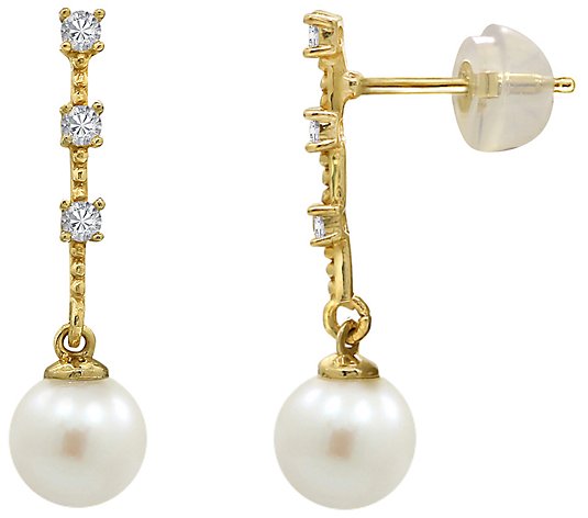 Diamonique Station Cultured Pearl Drop Earrings, 14K Gold
