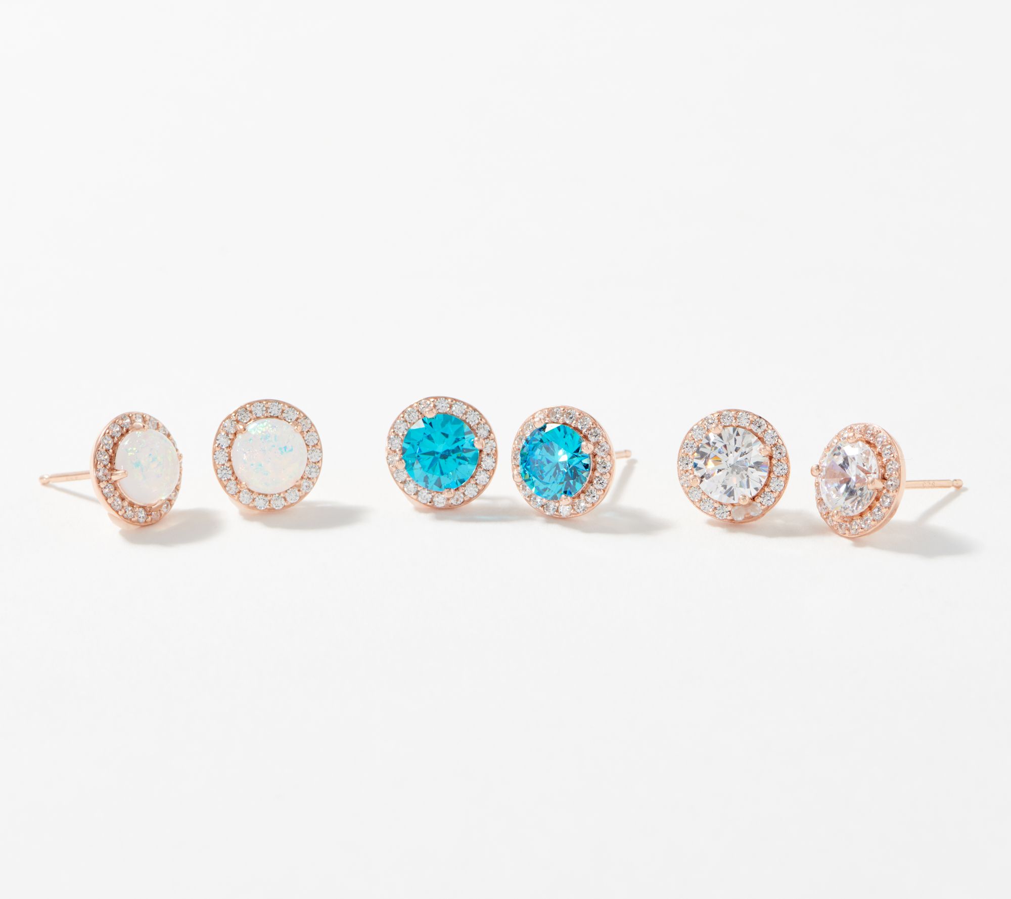 (QVC) Q2 – Diamonique Set of 3 Round or Square Halo Stud Earrings ...