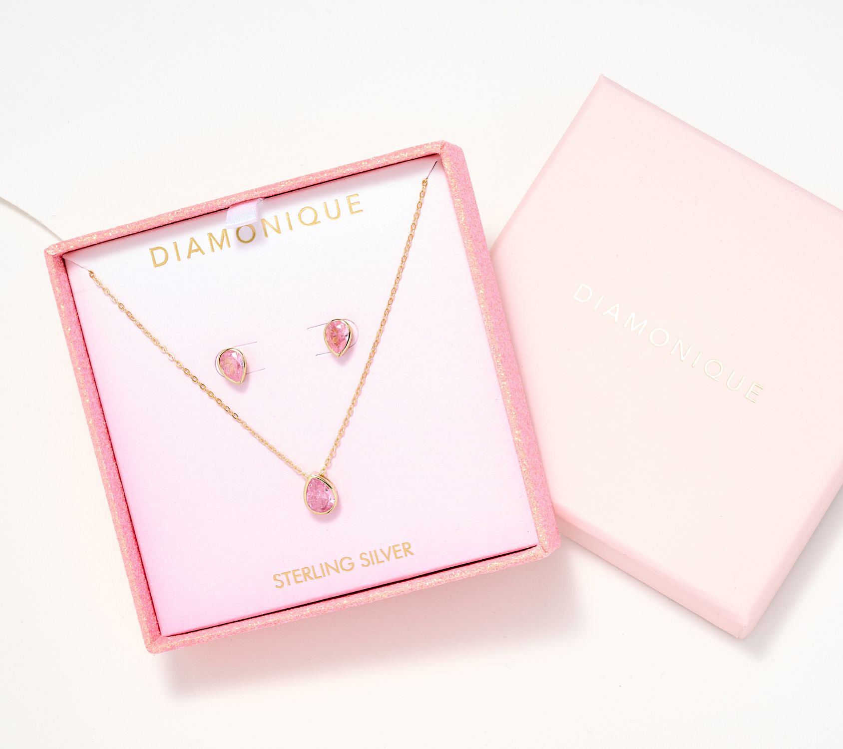 Diamonique Pink Pear Earring & Necklace Set W/ Box, SS