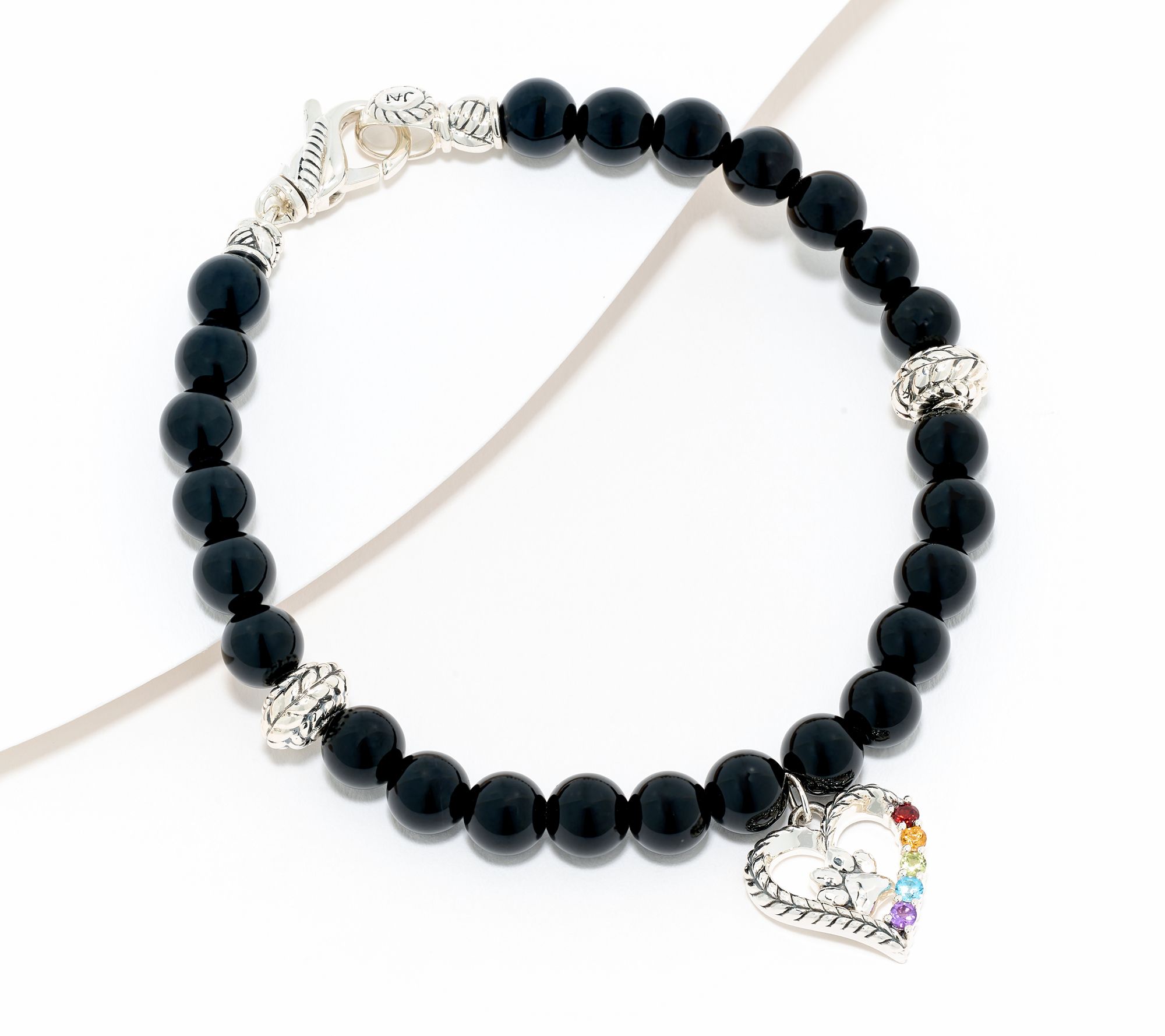 JAI Sterling Silver Onxy Bead Rainbow Bridge Charm Bracelet