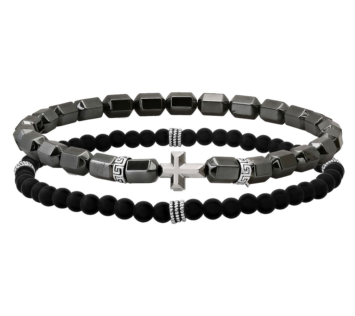 Men's Silver Style Bead & Hematite Bracelet Set, Sterling