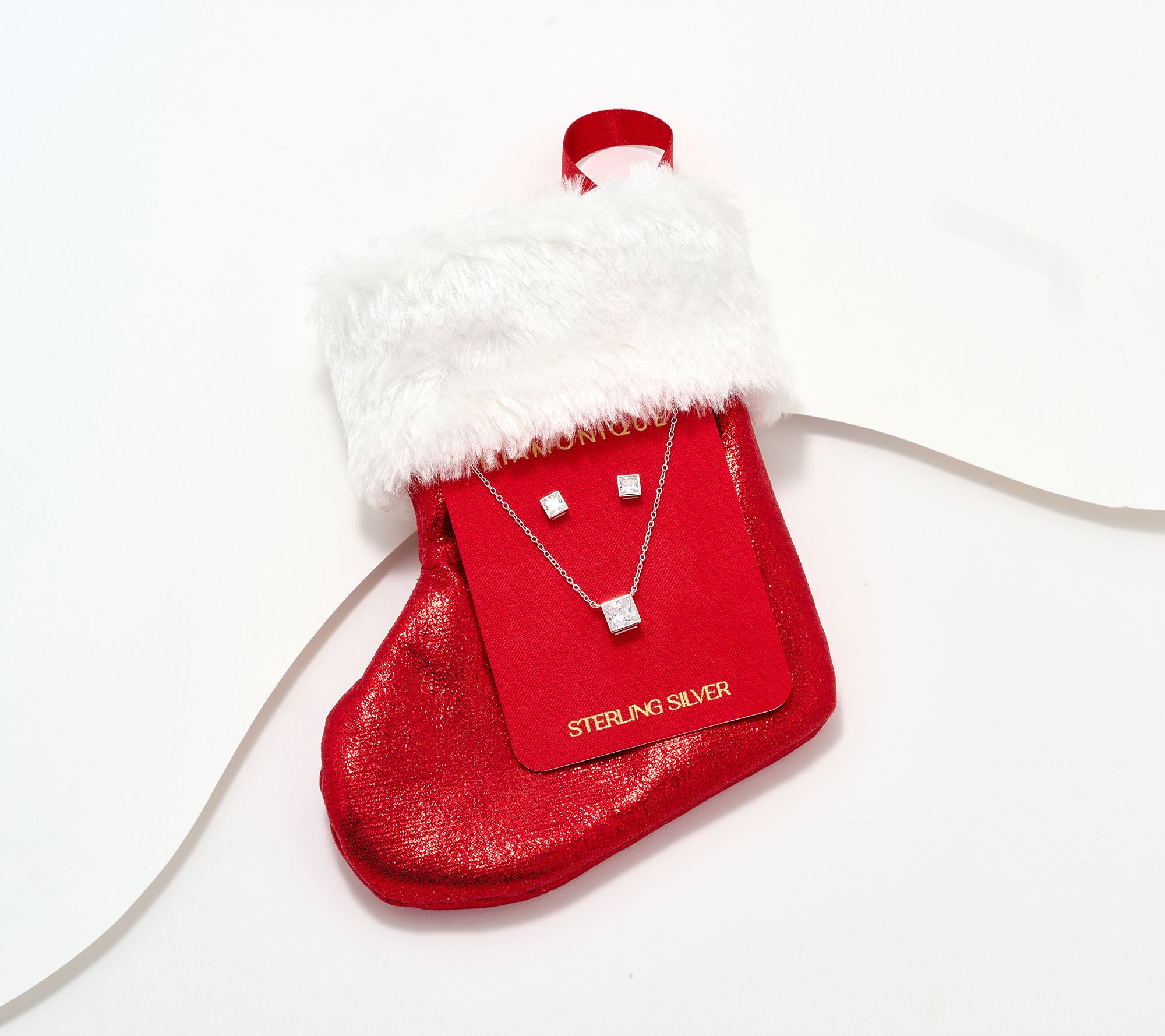 Diamonique Necklace & Stud Earrings Boxed Set, Sterling Silver