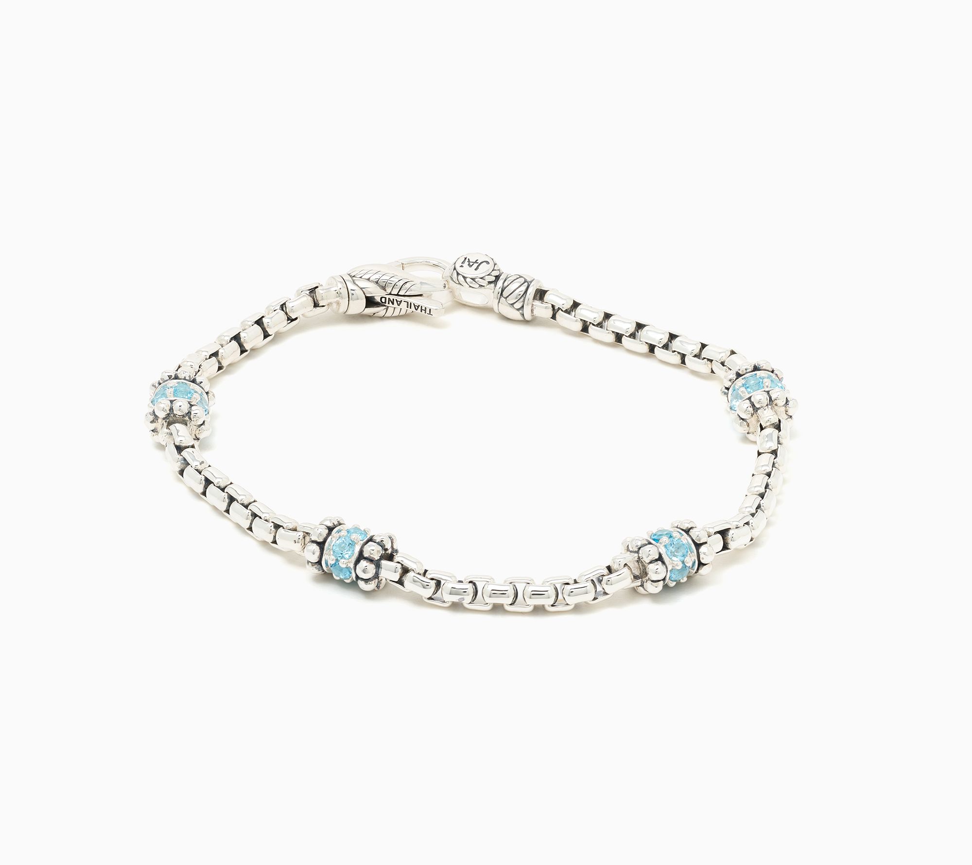 JAI Sterling Silver Pave Gemstone 3.7mm Box Chain Bracelet,14.5g