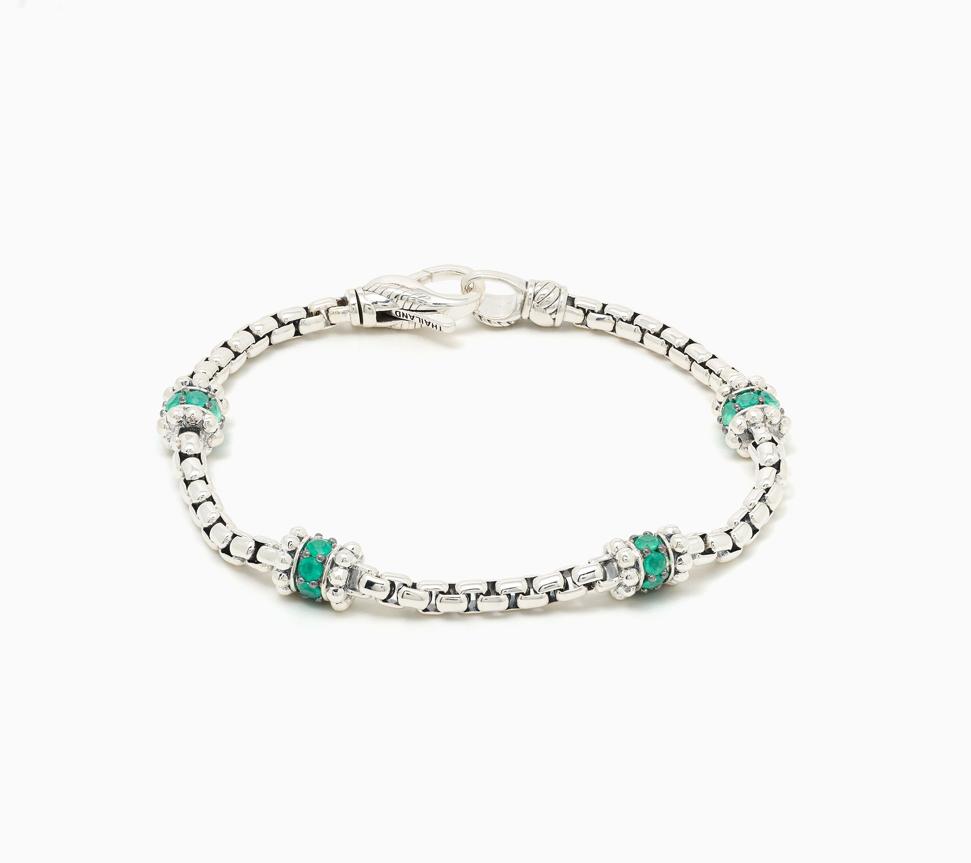 JAI Sterling Silver Pave Gemstone 3.7mm Box Chain Bracelet,14.5g