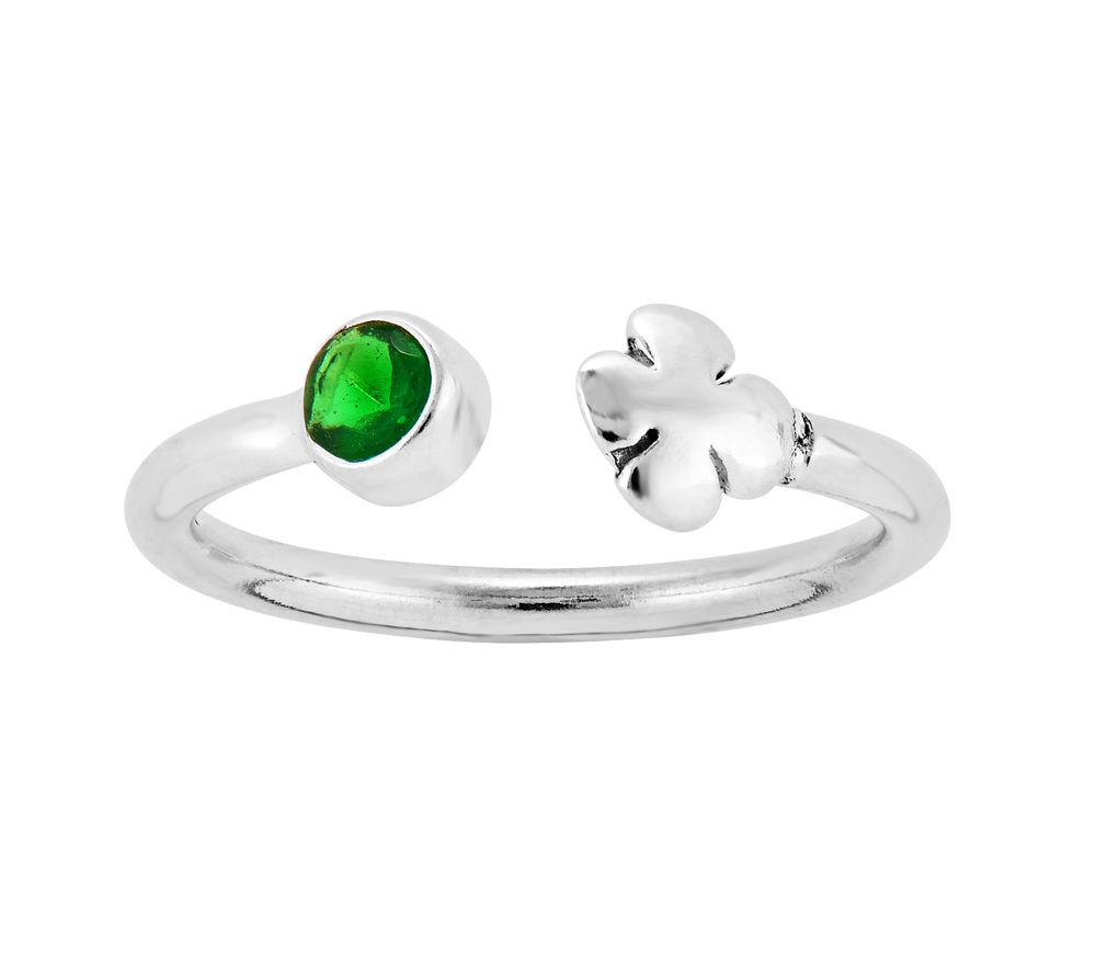 Sterling Green Crystal & Four-Leaf Clover Adjustable Ring - QVC.com
