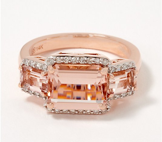 Morganite 14K Rose Gold Emerald Cut Three Stone Ring, 3.00 cttw - QVC.com