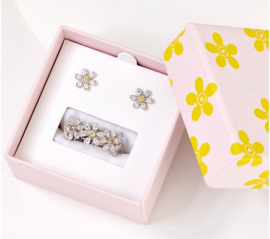 Diamonique Color Floral Band Ring & Stud Earrings, Sterling, Boxed