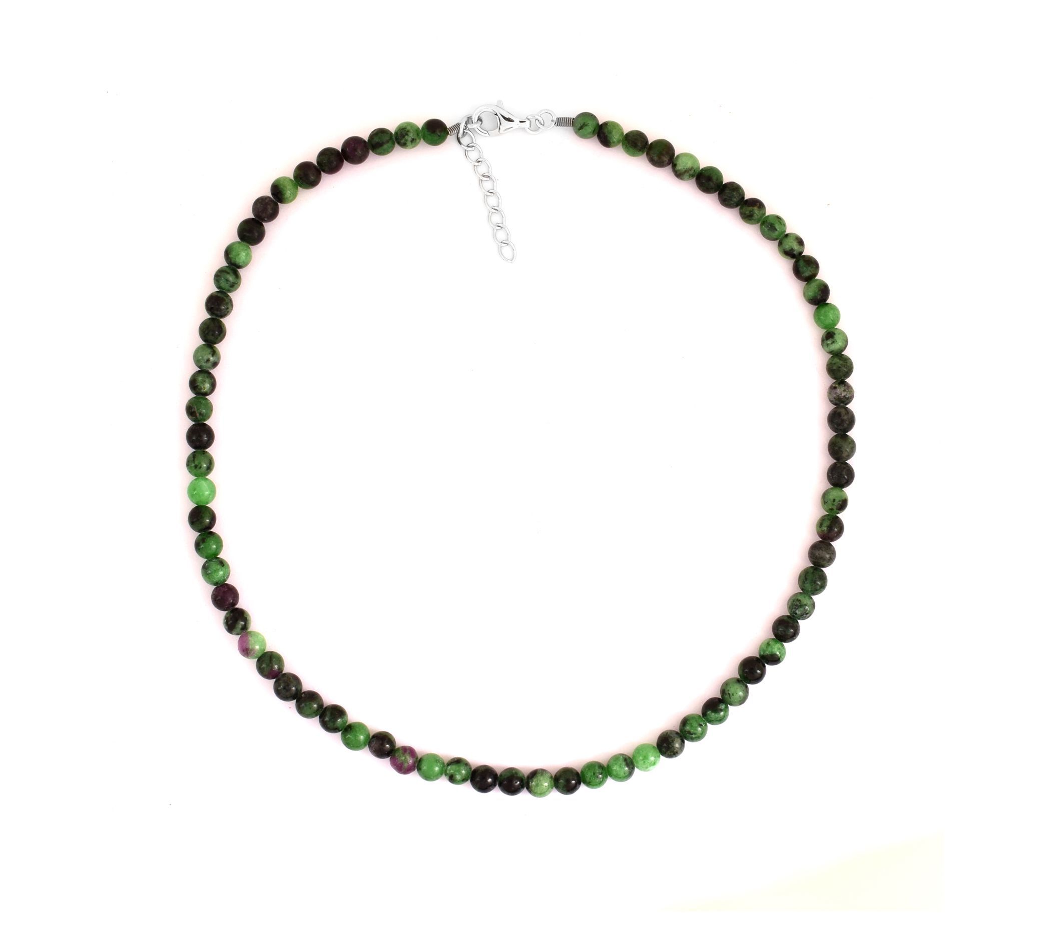 Ruby Ziosite Beaded Necklace, Sterling
