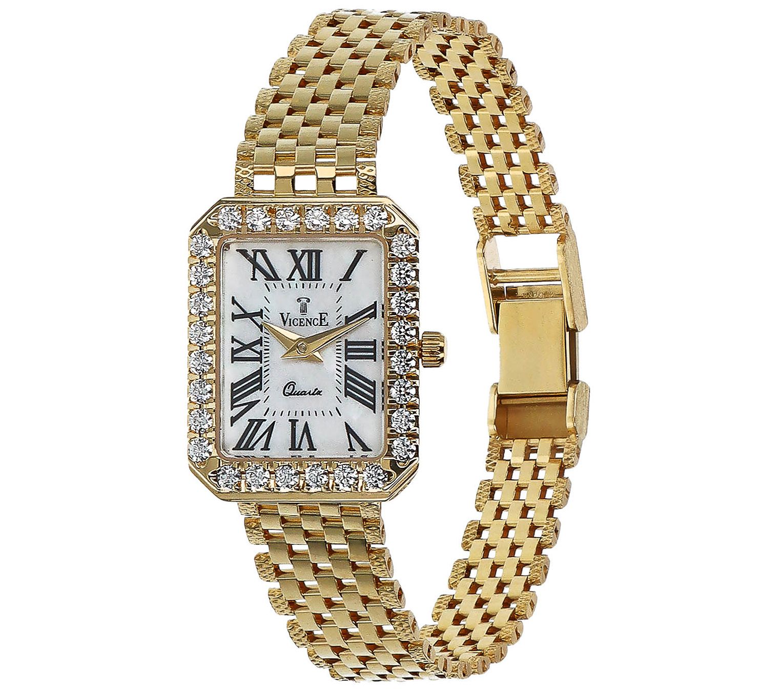 Italian Gold Rectangle Mother of Pearl Panther Link Watch, 14K