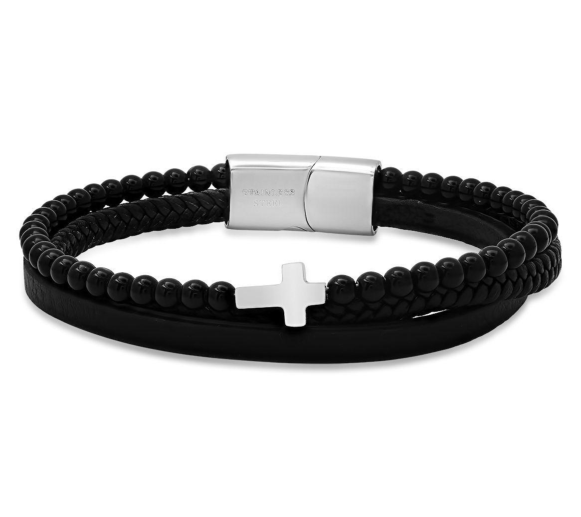 Steel By Design Men's Layered Leather Cross Bracelet