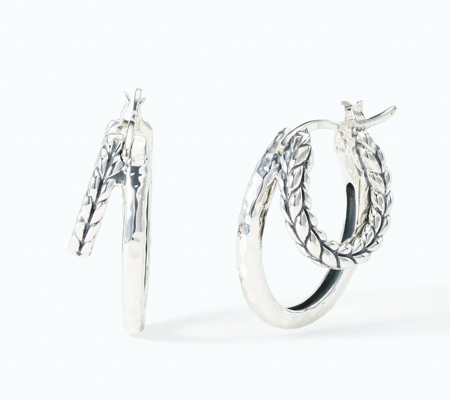 JAI Sterling Silver Hammered & Basketweave 3/4" Hoops