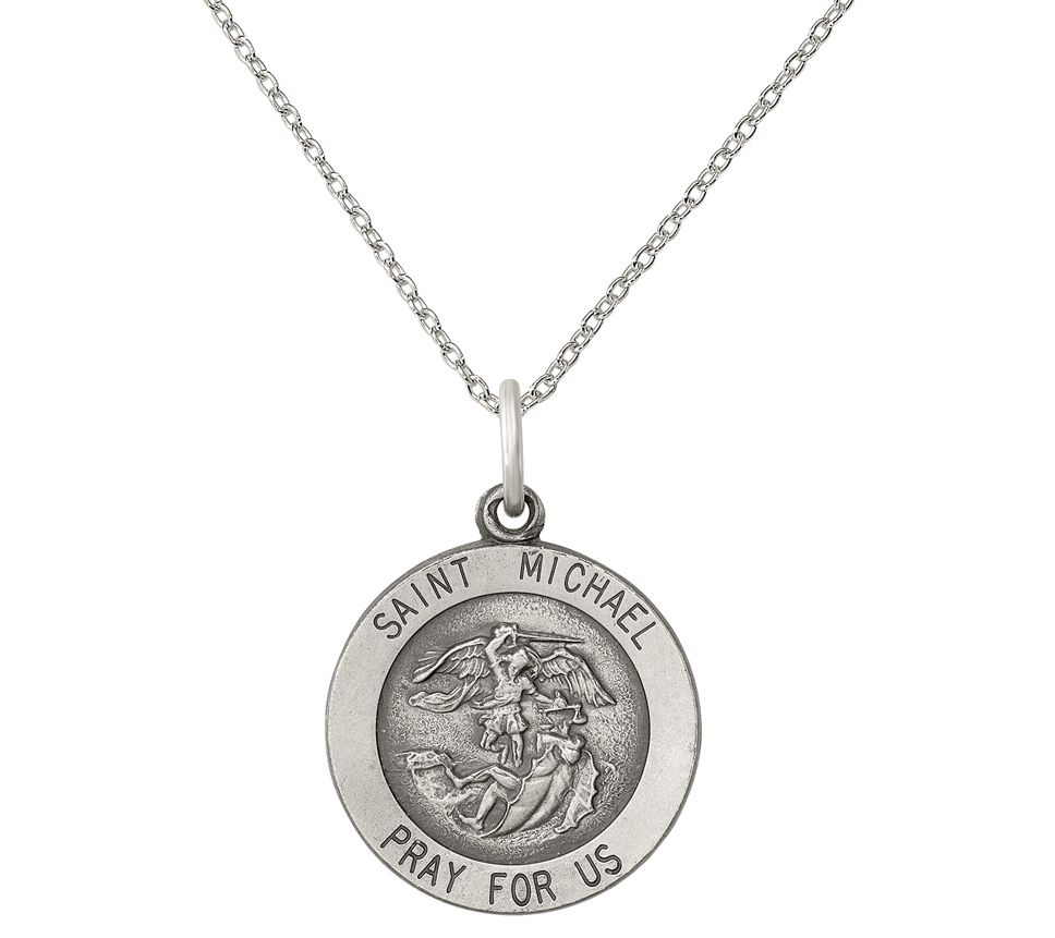 Ice on Fire Jewelry 14k White Gold Saint Michael Pray For Us Medallion Necklace 