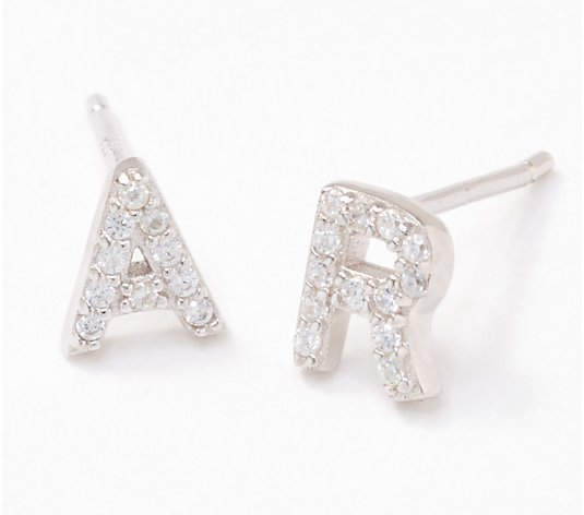 Diamonique Personalized Set of 2 Pave Letter Studs, Sterling Silver