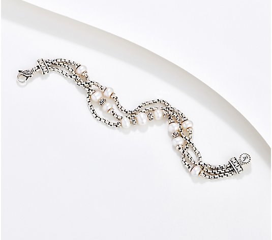 JAI Sterling Silver Box Chain Cultured Pearl Bracelet