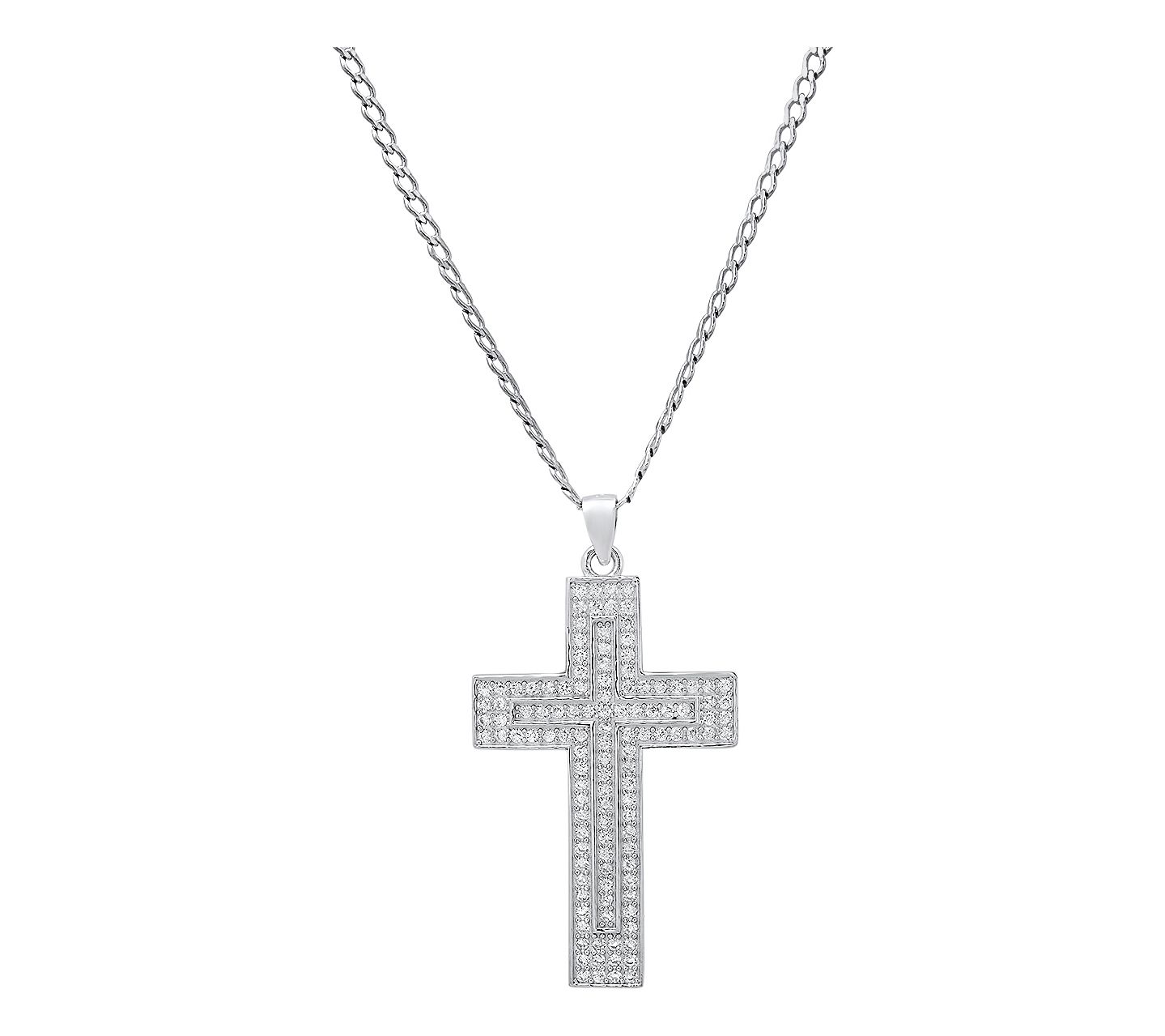 Silver Style Pave Cross Pendant w/ Chain, Sterling