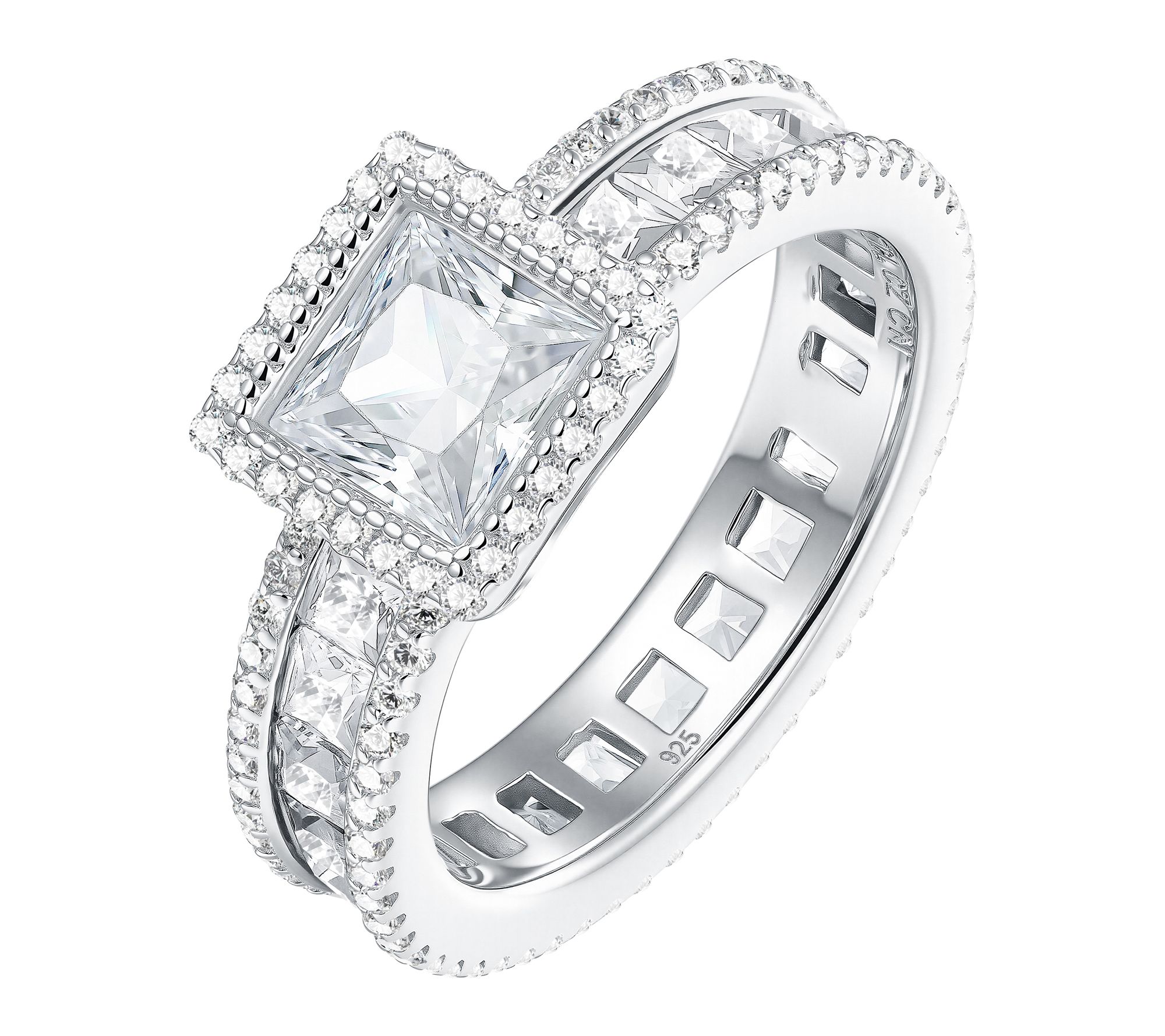 Diamonique x Jennifer Miller Princess Cut Halo Ring, Sterling