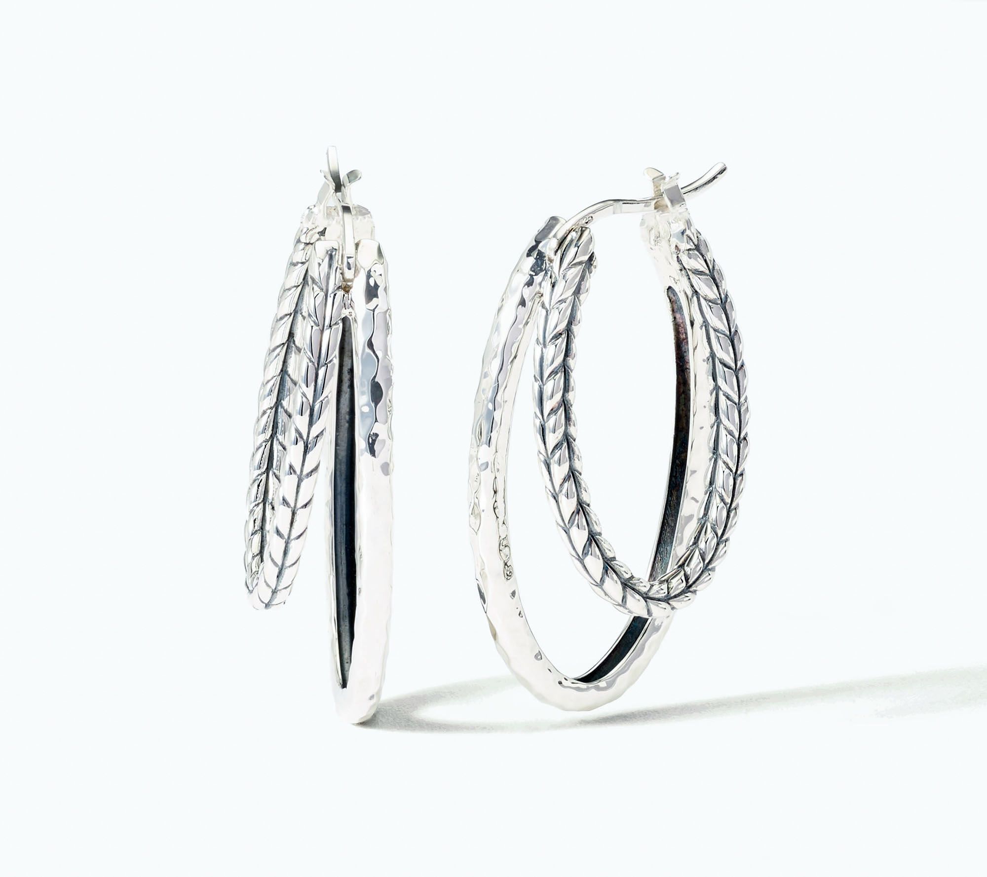 JAI Sterling Silver Hammered & Basketweave 1 1/4" Hoops