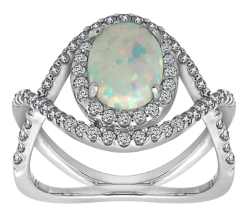 Diamonique Sterling Silver Simulated Opal HaloCrisscross Ring - QVC.com