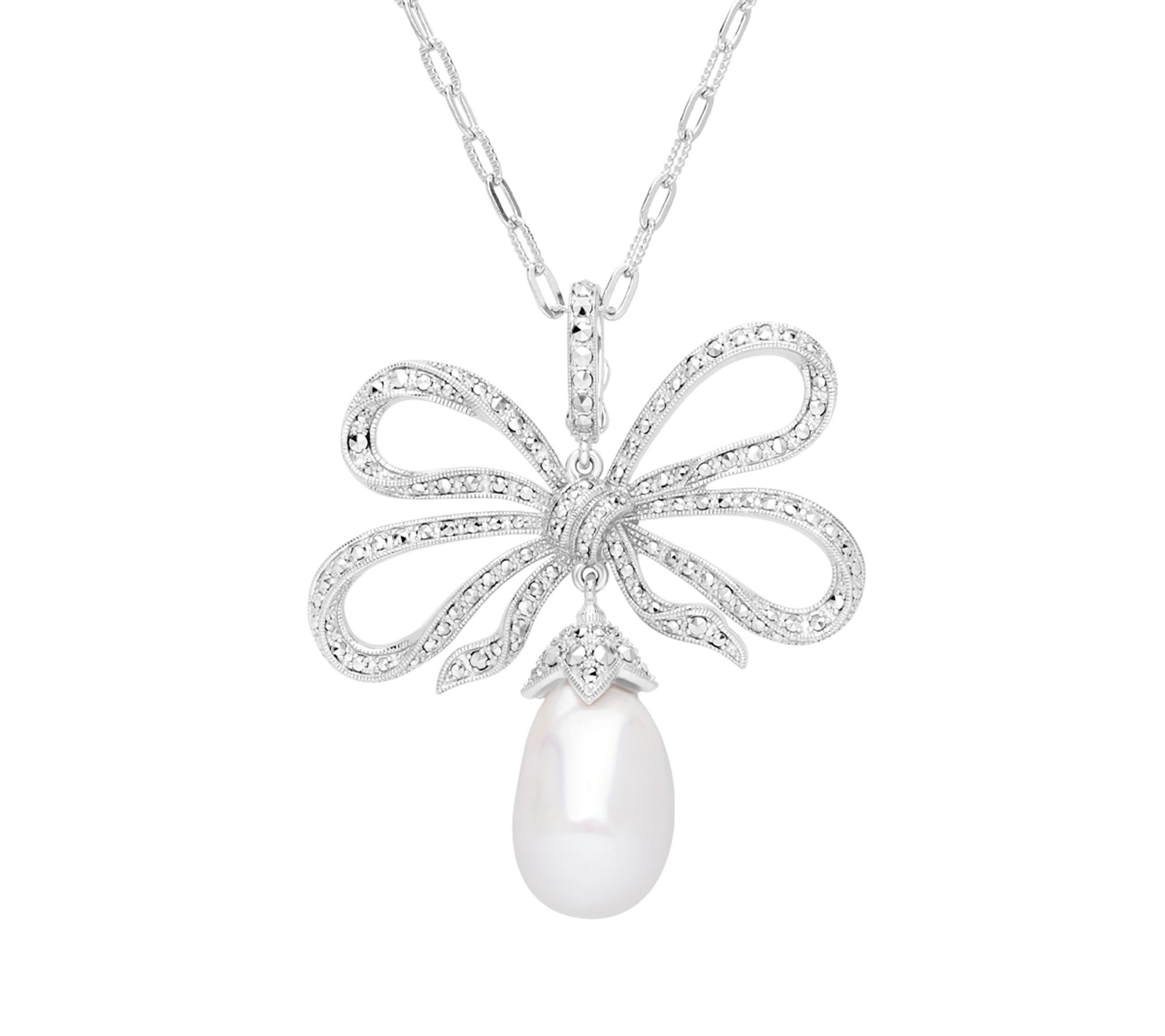 Dallas Prince Sterling Cultured Pearl & Marcasi te Bow Necklac